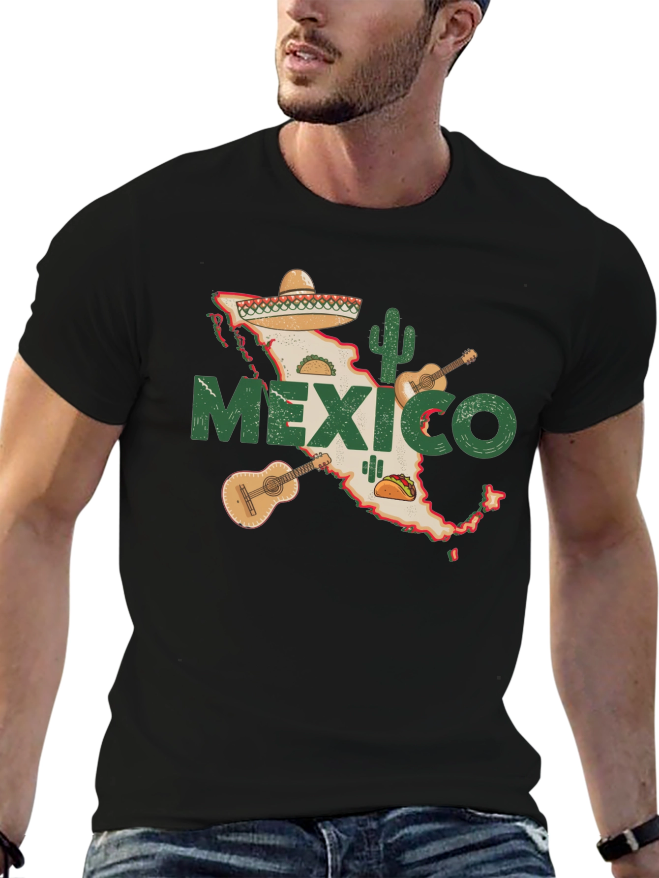 Mexico Map T-Shirt: Cactus Guitar Sombrero Design
