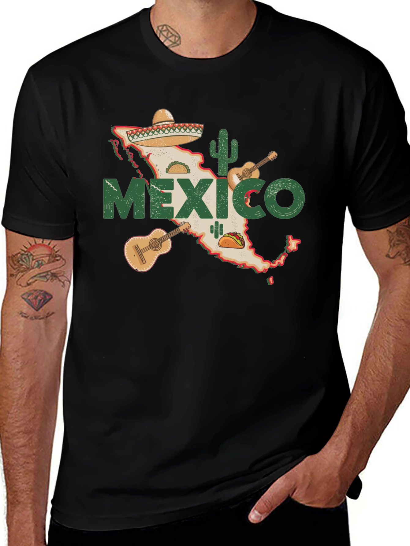 Mexico Map T-Shirt: Cactus Guitar Sombrero Design