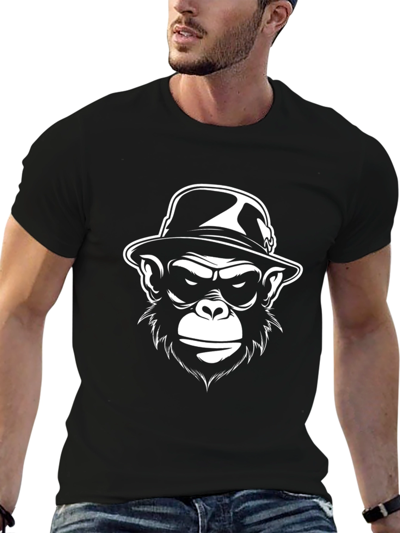 Cool Ape in Hat Graphic Black T-Shirt