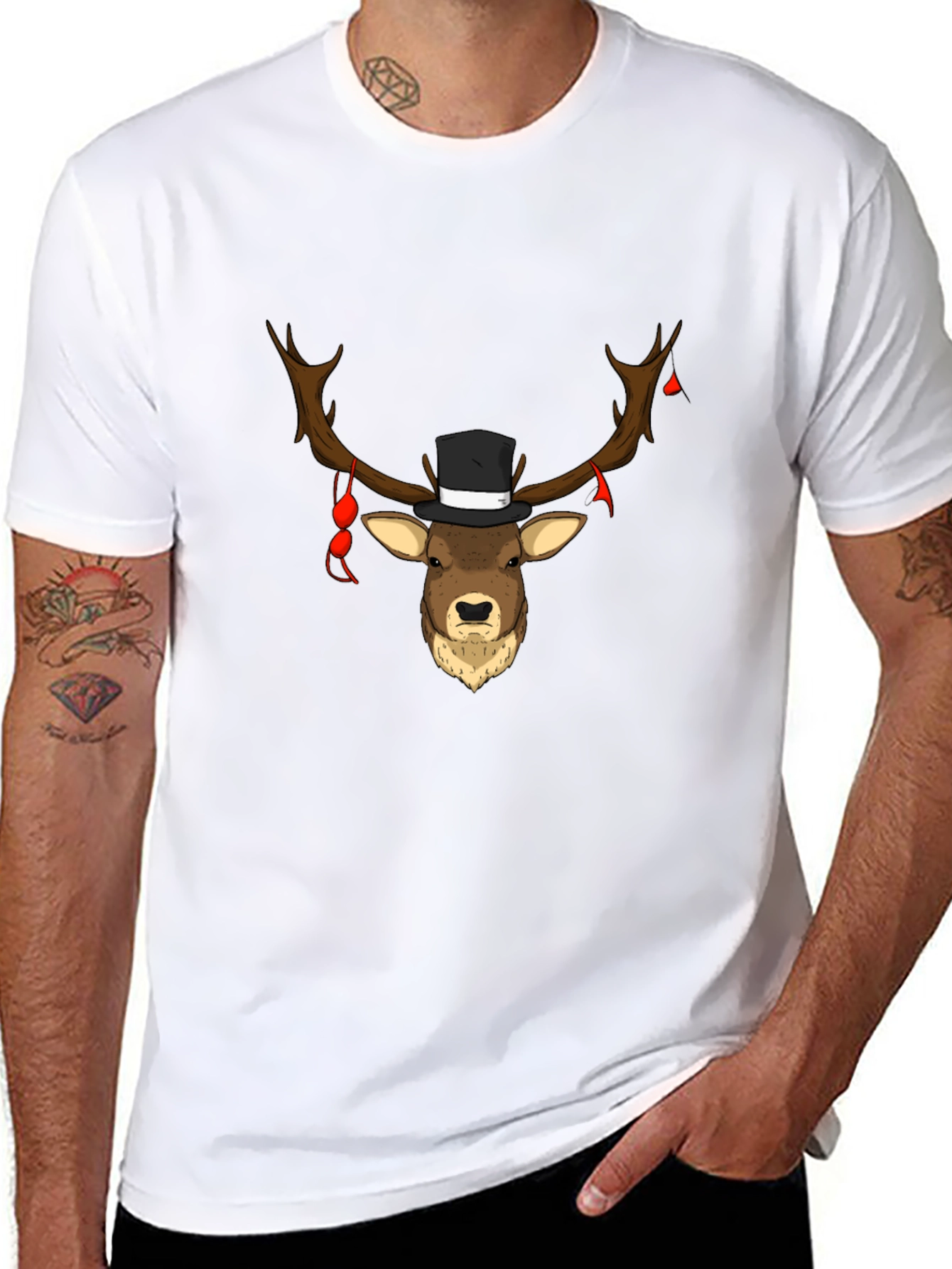 Novelty Deer Top Hat Tee - Black Cotton Blend