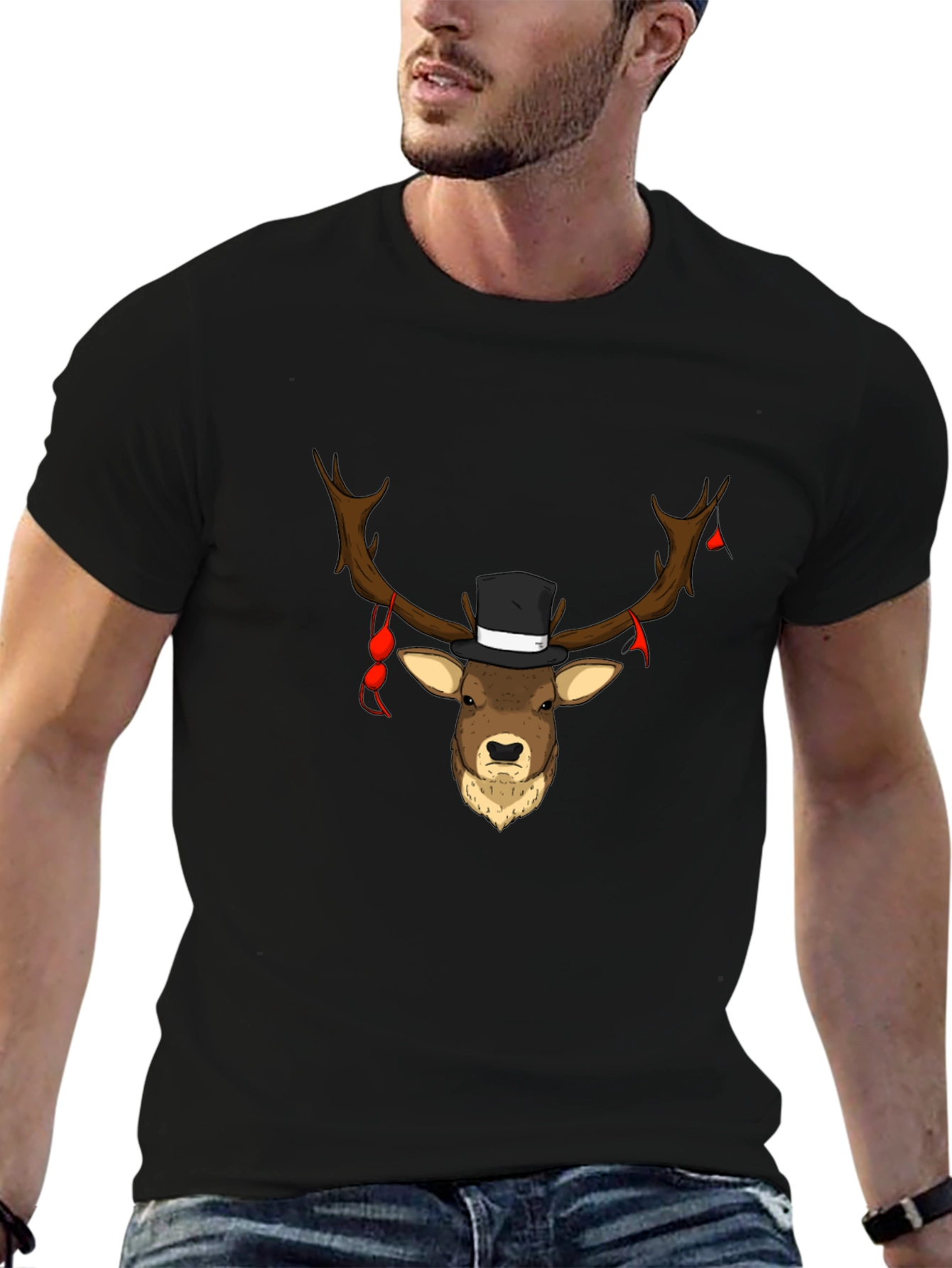 Novelty Deer Top Hat Tee - Black Cotton Blend