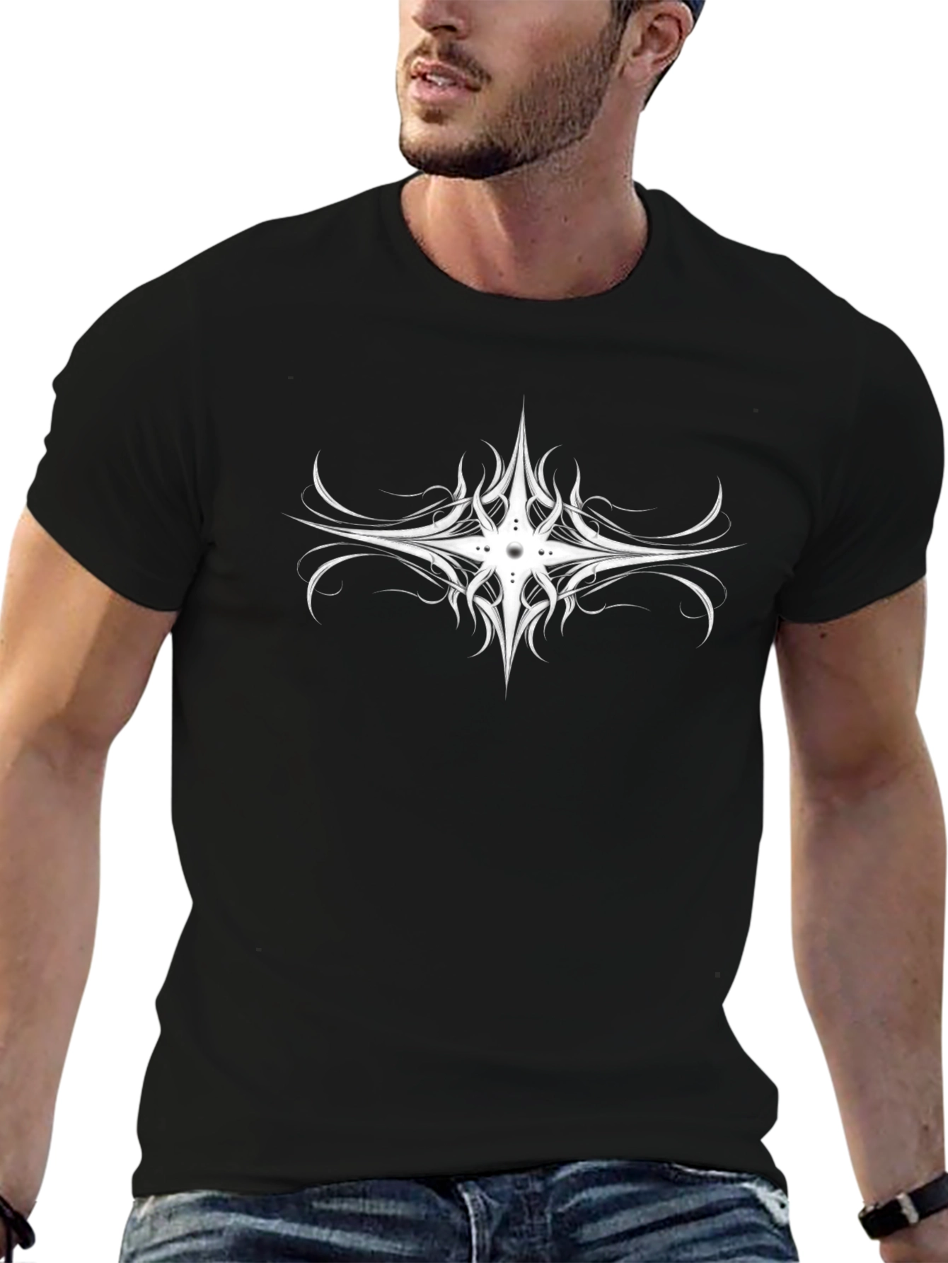 Black T-Shirt with White Tribal Design