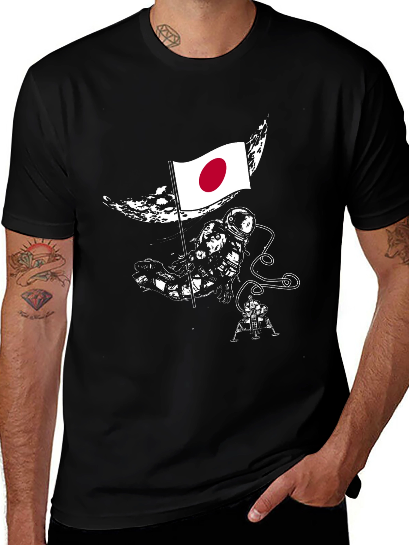 Astronaut Japan Flag Graphic Black T-Shirt