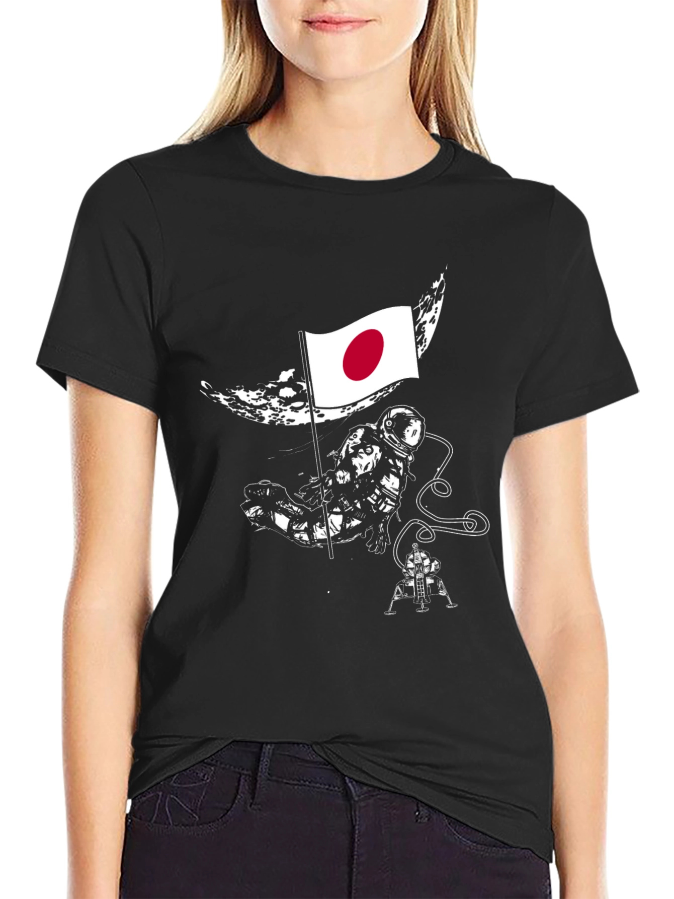 Astronaut Japan Flag Graphic Black T-Shirt