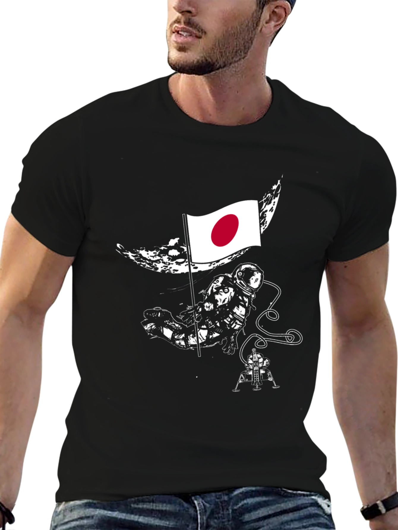 Astronaut Japan Flag Graphic Black T-Shirt