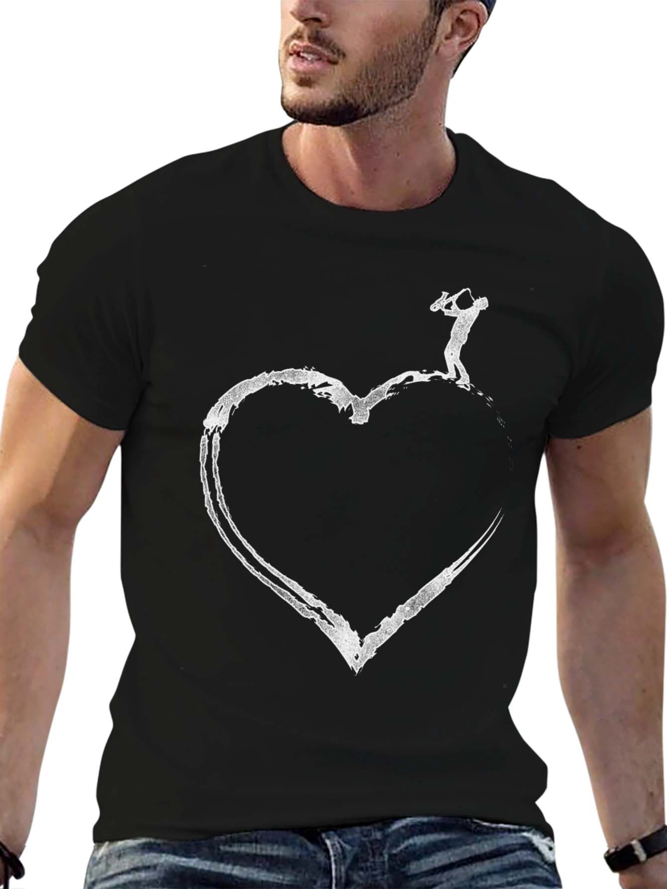 Heart Saxophone Player Graphic T-Shirt - Black