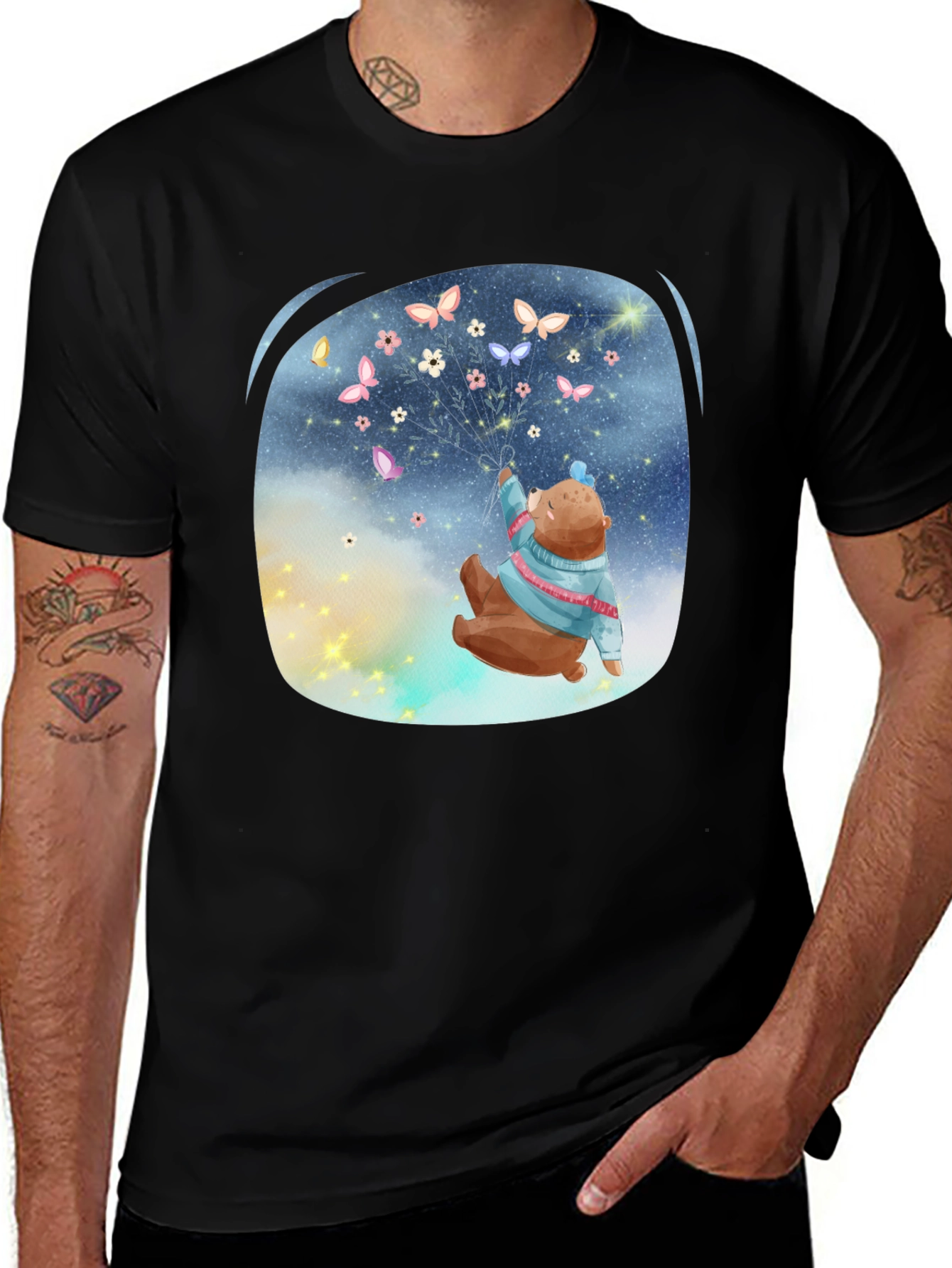 Bear Butterfly Graphic Black T-Shirt