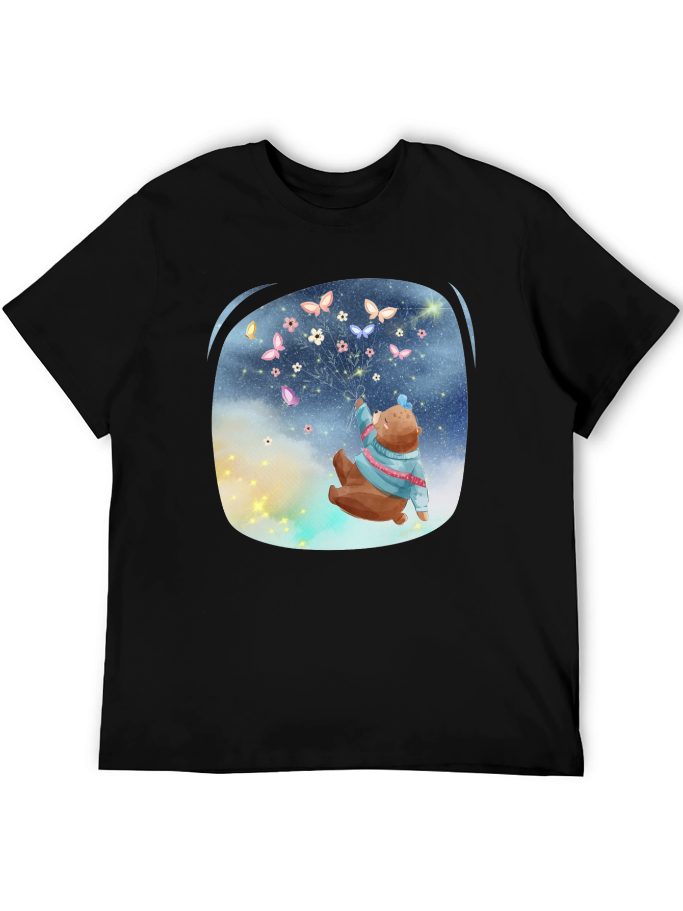Bear Butterfly Graphic Black T-Shirt