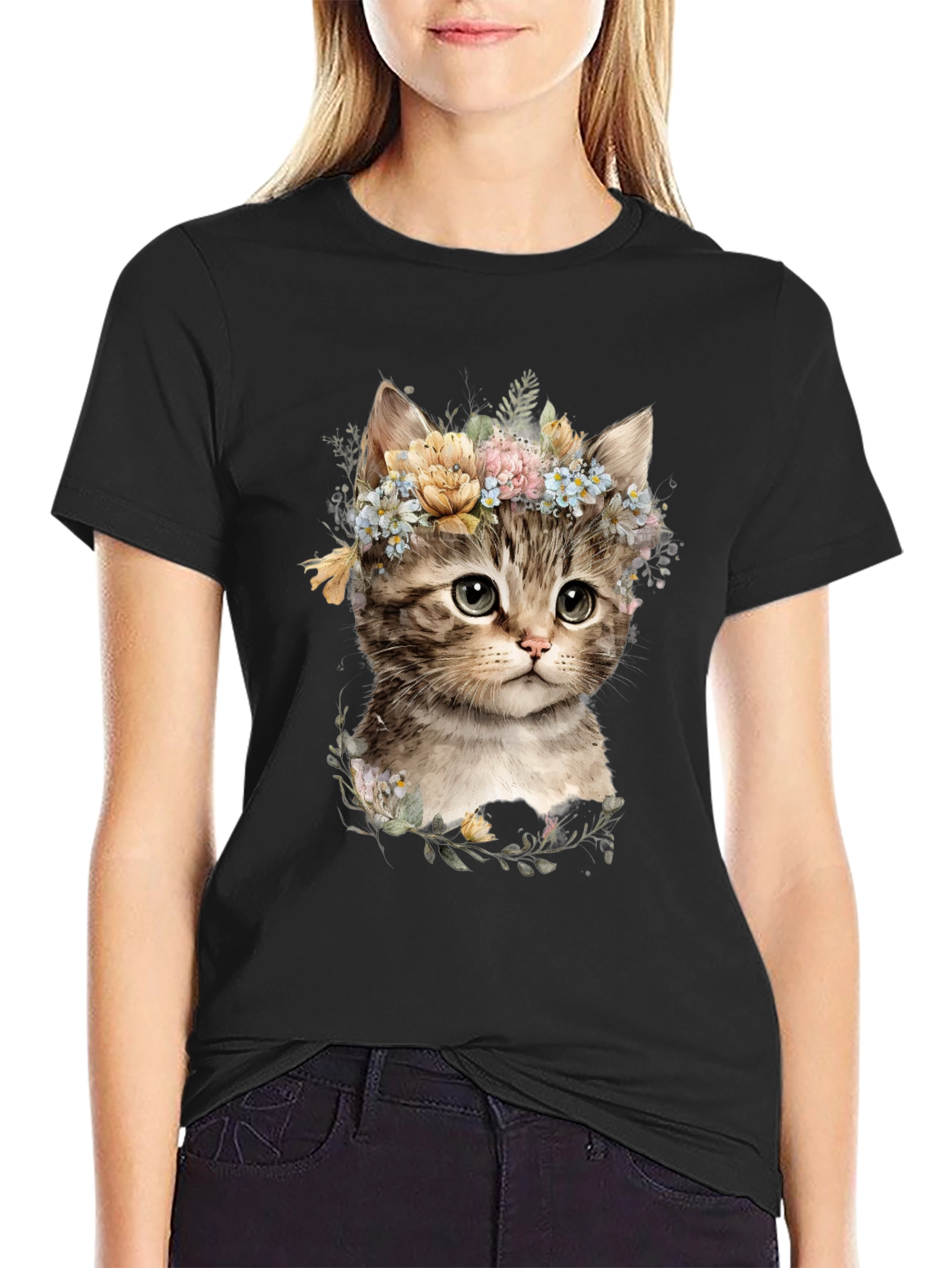 Floral Kitten Graphic Tee - Soft Cotton Blend