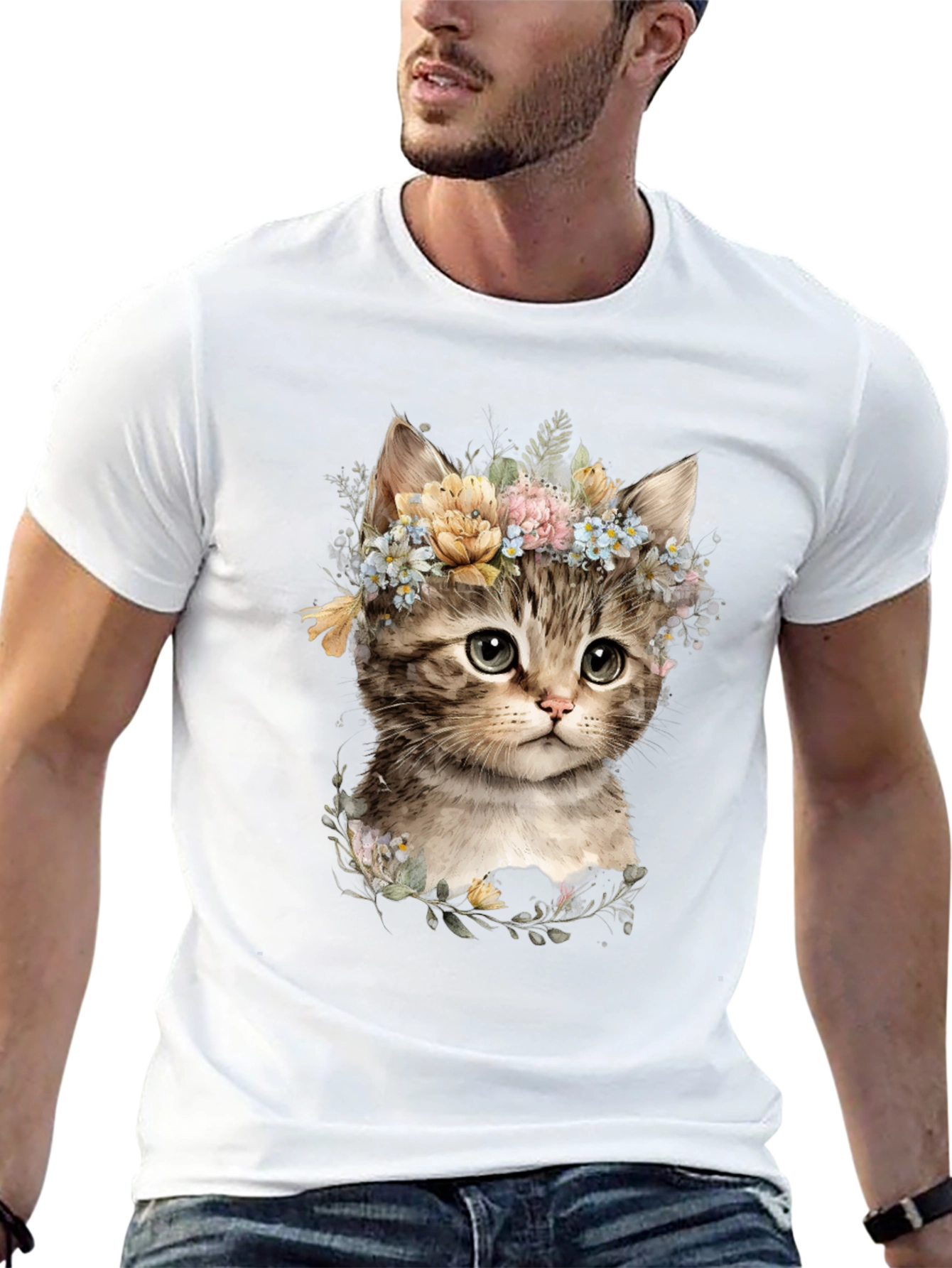 Floral Kitten Graphic Tee - Soft Cotton Blend