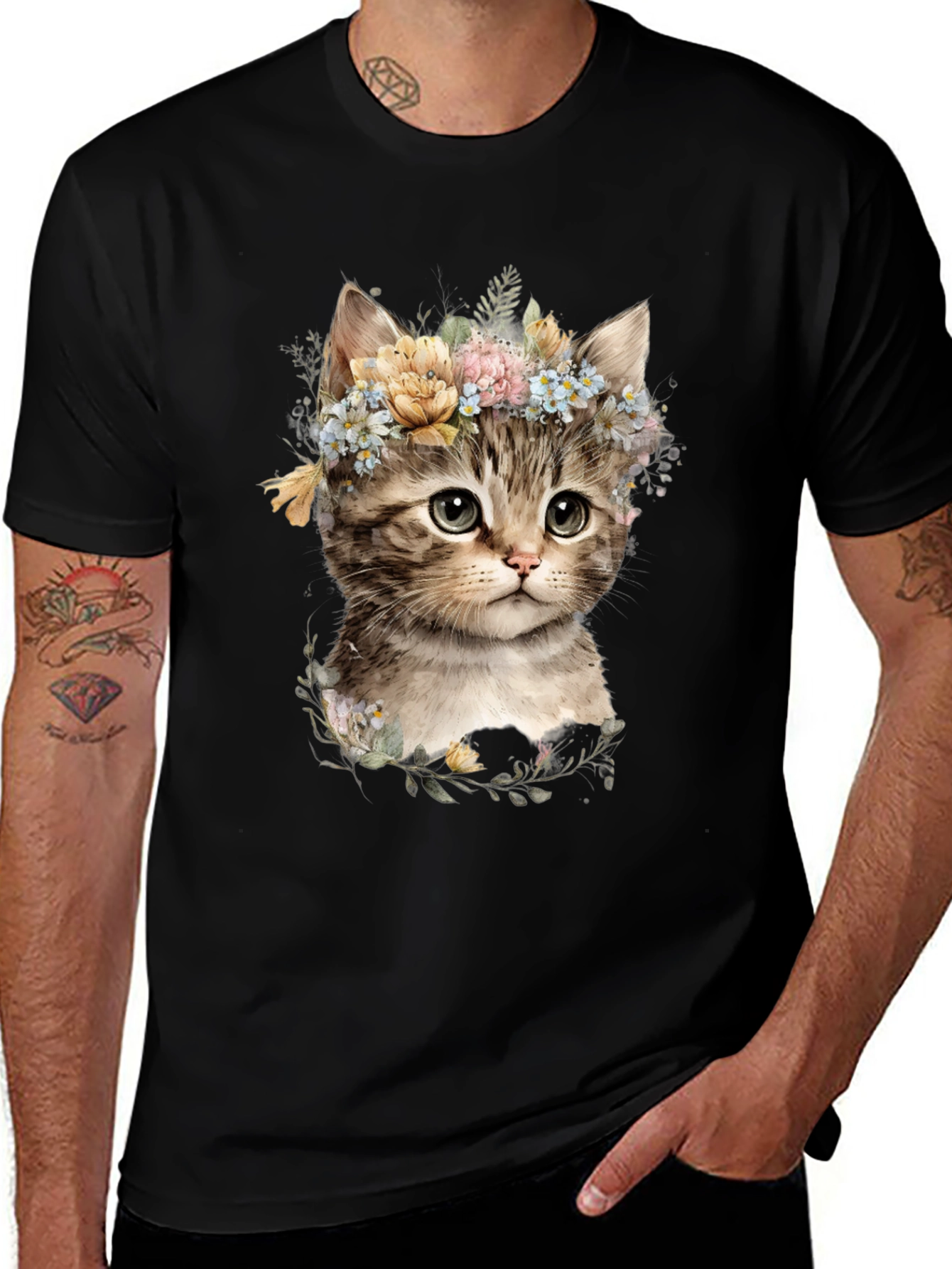 Floral Kitten Graphic Tee - Soft Cotton Blend