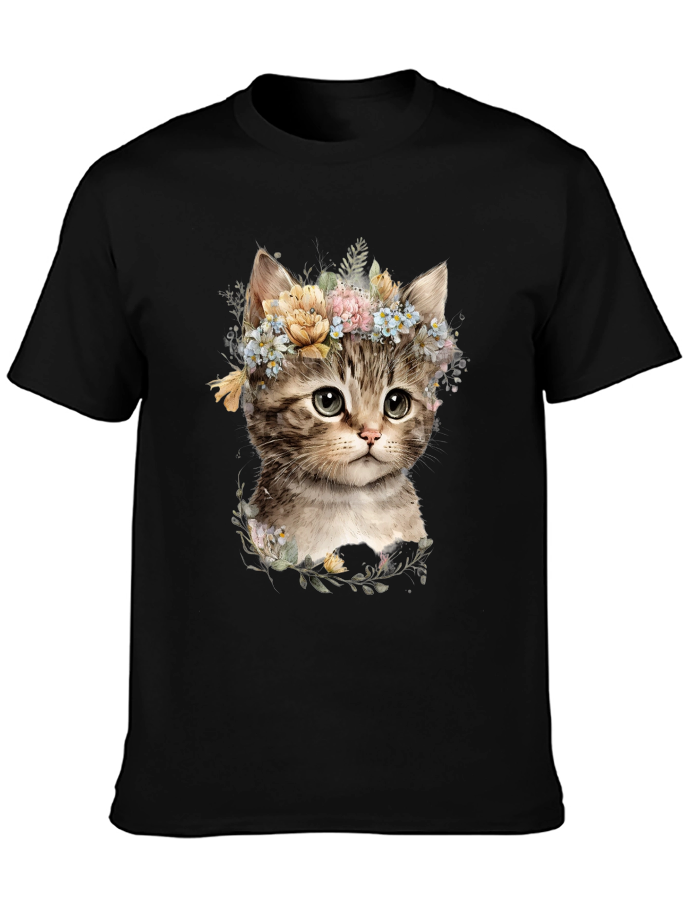 Floral Kitten Graphic Tee - Soft Cotton Blend