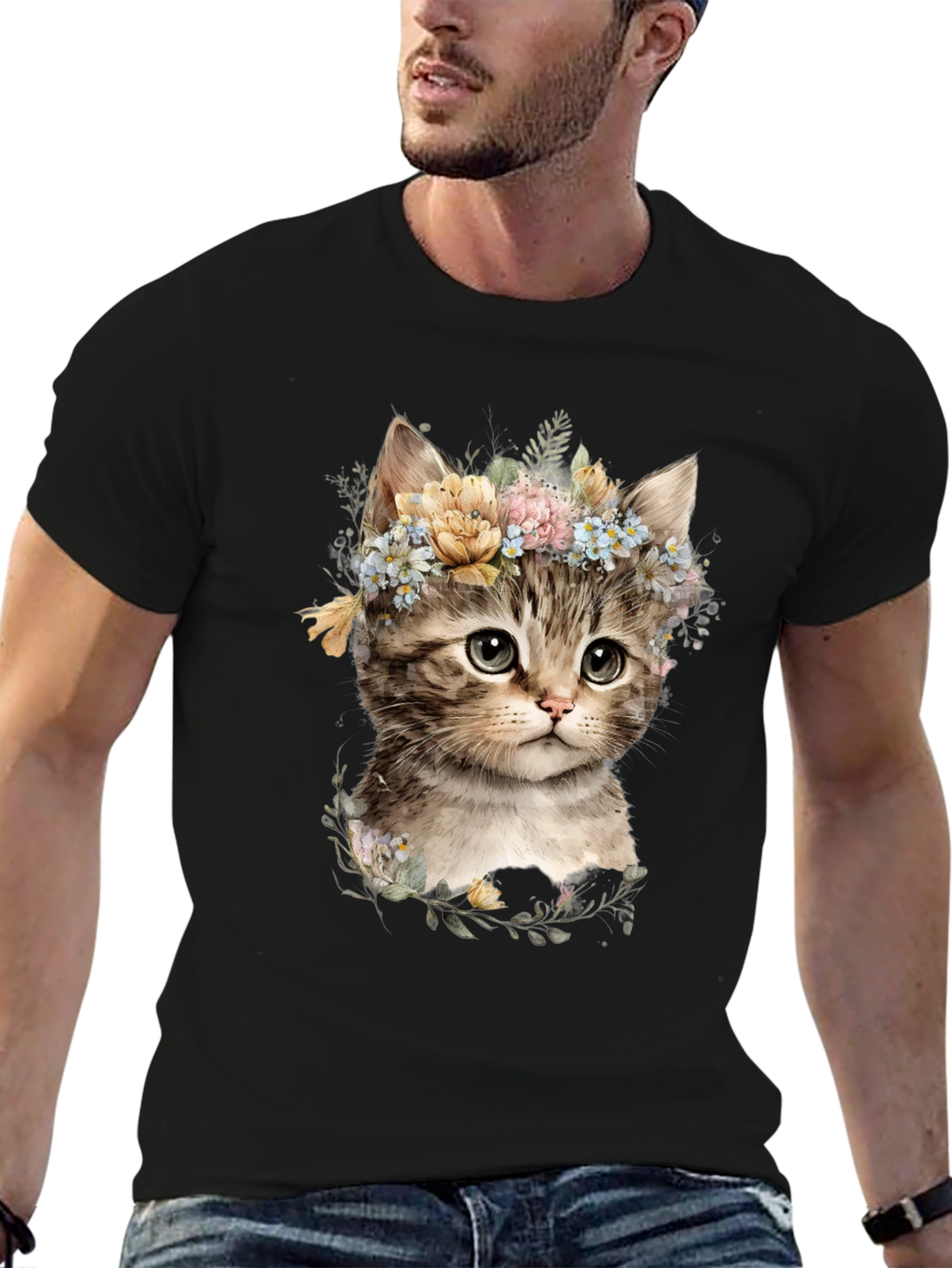 Floral Kitten Graphic Tee - Soft Cotton Blend
