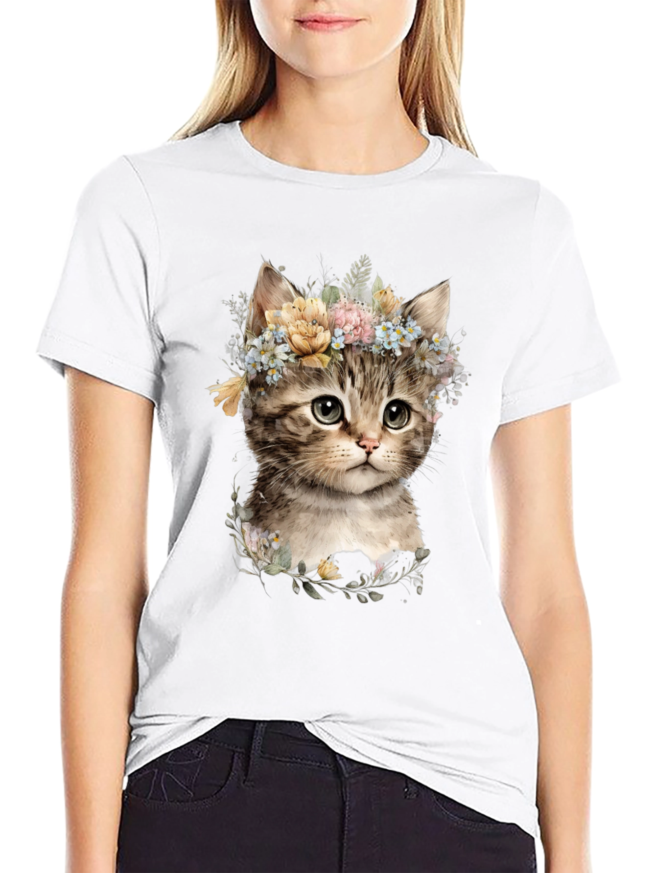 Floral Kitten Graphic Tee - Soft Cotton Blend