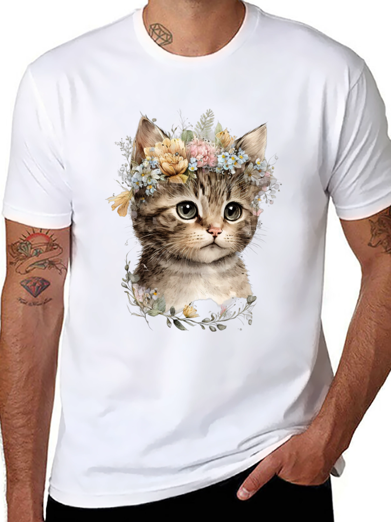 Floral Kitten Graphic Tee - Soft Cotton Blend
