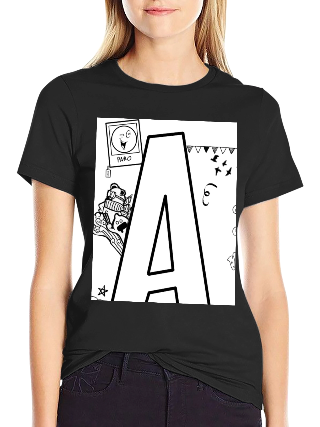 Letter A Doodle T-Shirt - Black Casual Tee