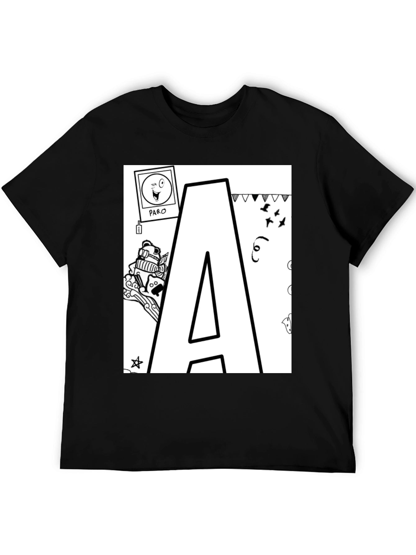 Letter A Doodle T-Shirt - Black Casual Tee