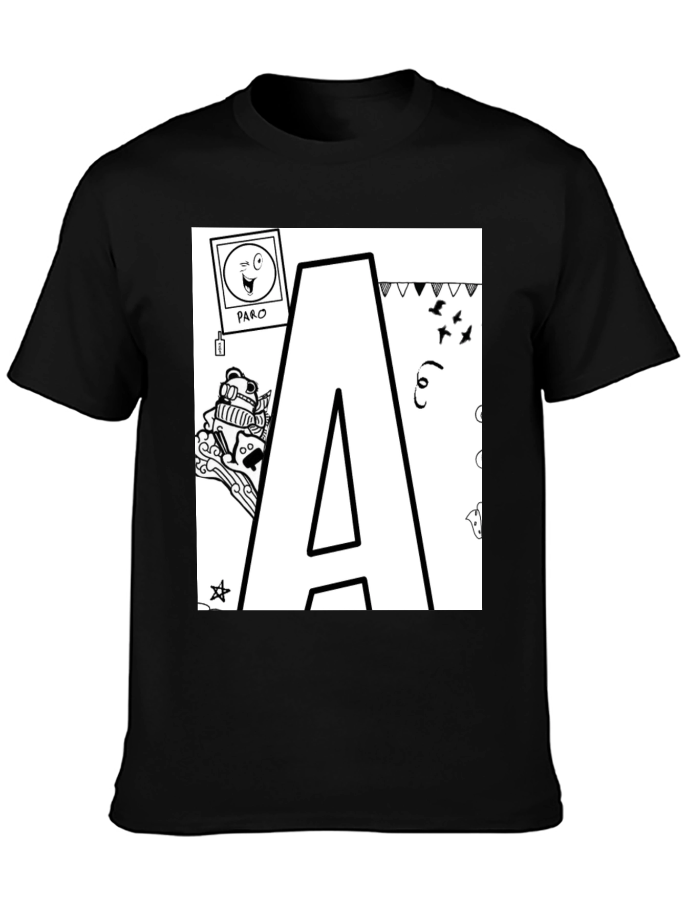 Letter A Doodle T-Shirt - Black Casual Tee