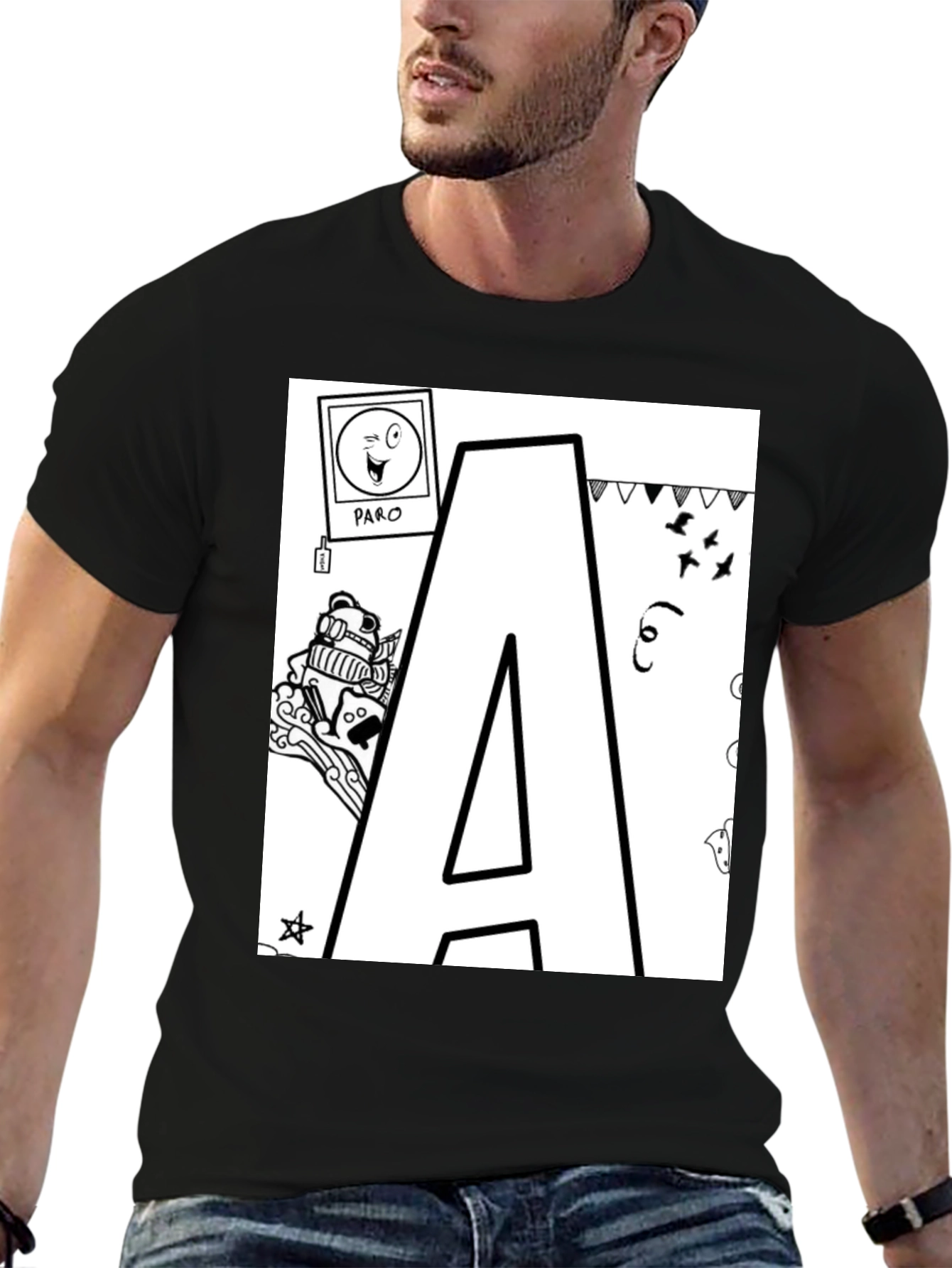 Letter A Doodle T-Shirt - Black Casual Tee