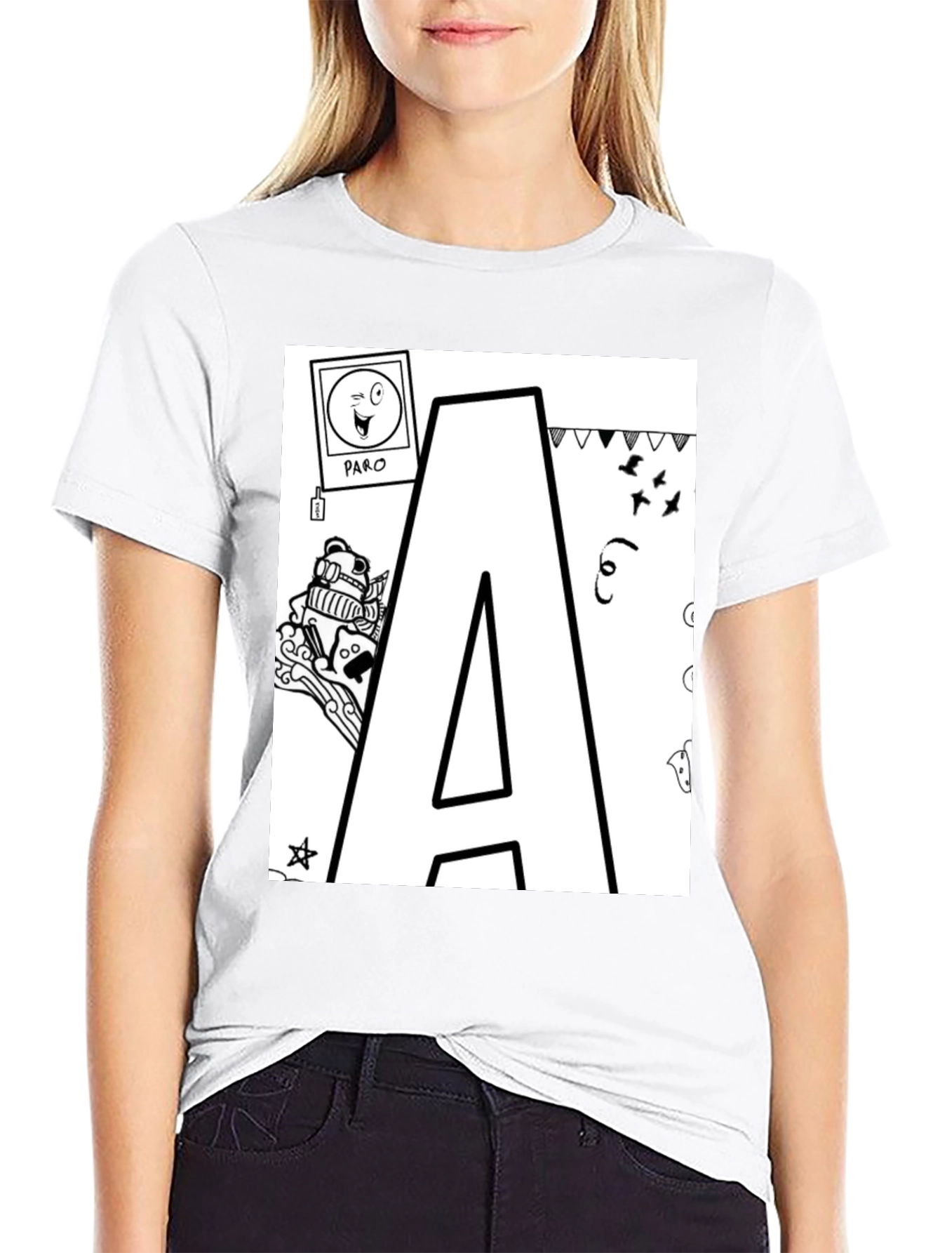 Letter A Doodle T-Shirt - Black Casual Tee