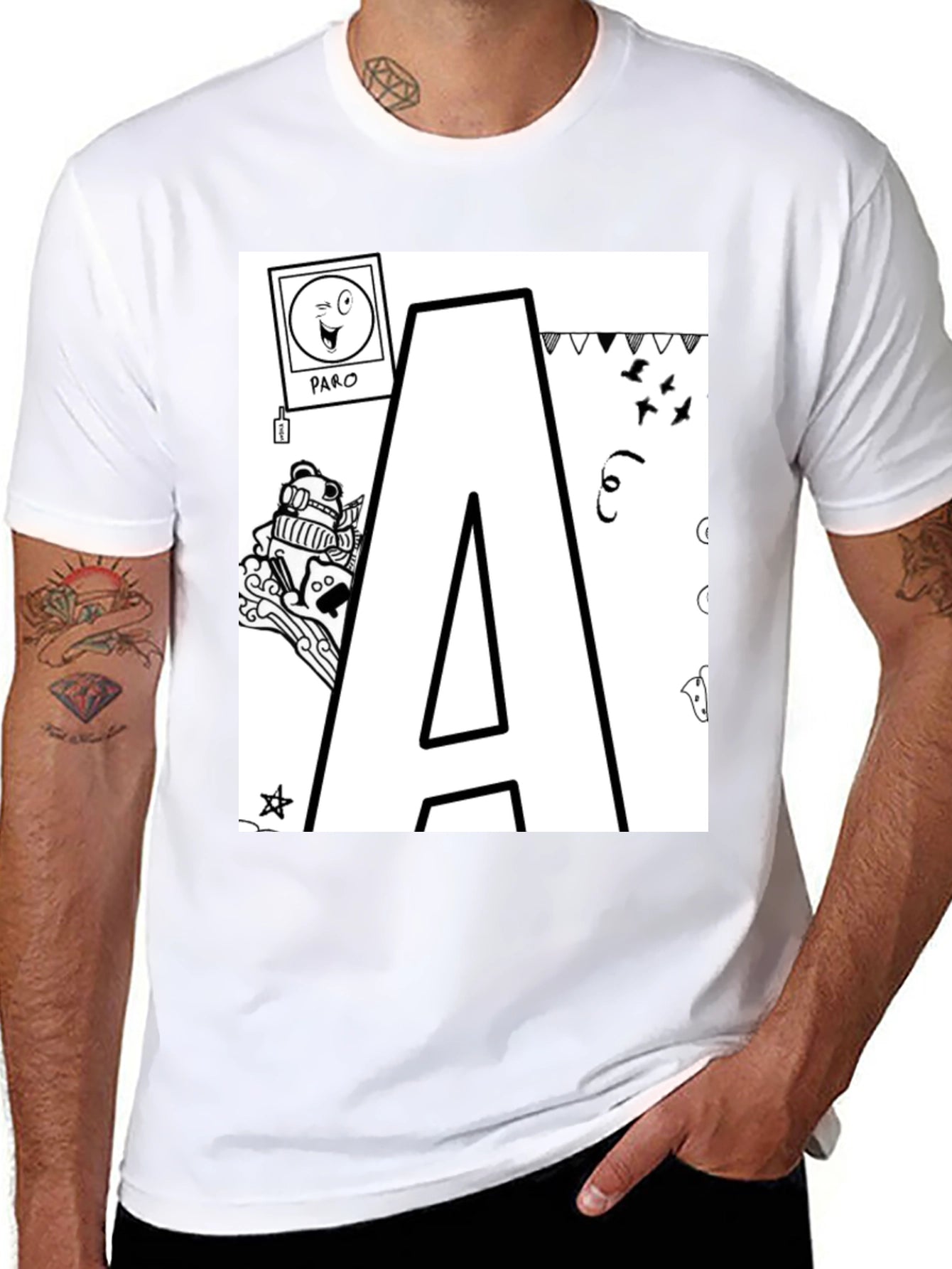 Letter A Doodle T-Shirt - Black Casual Tee