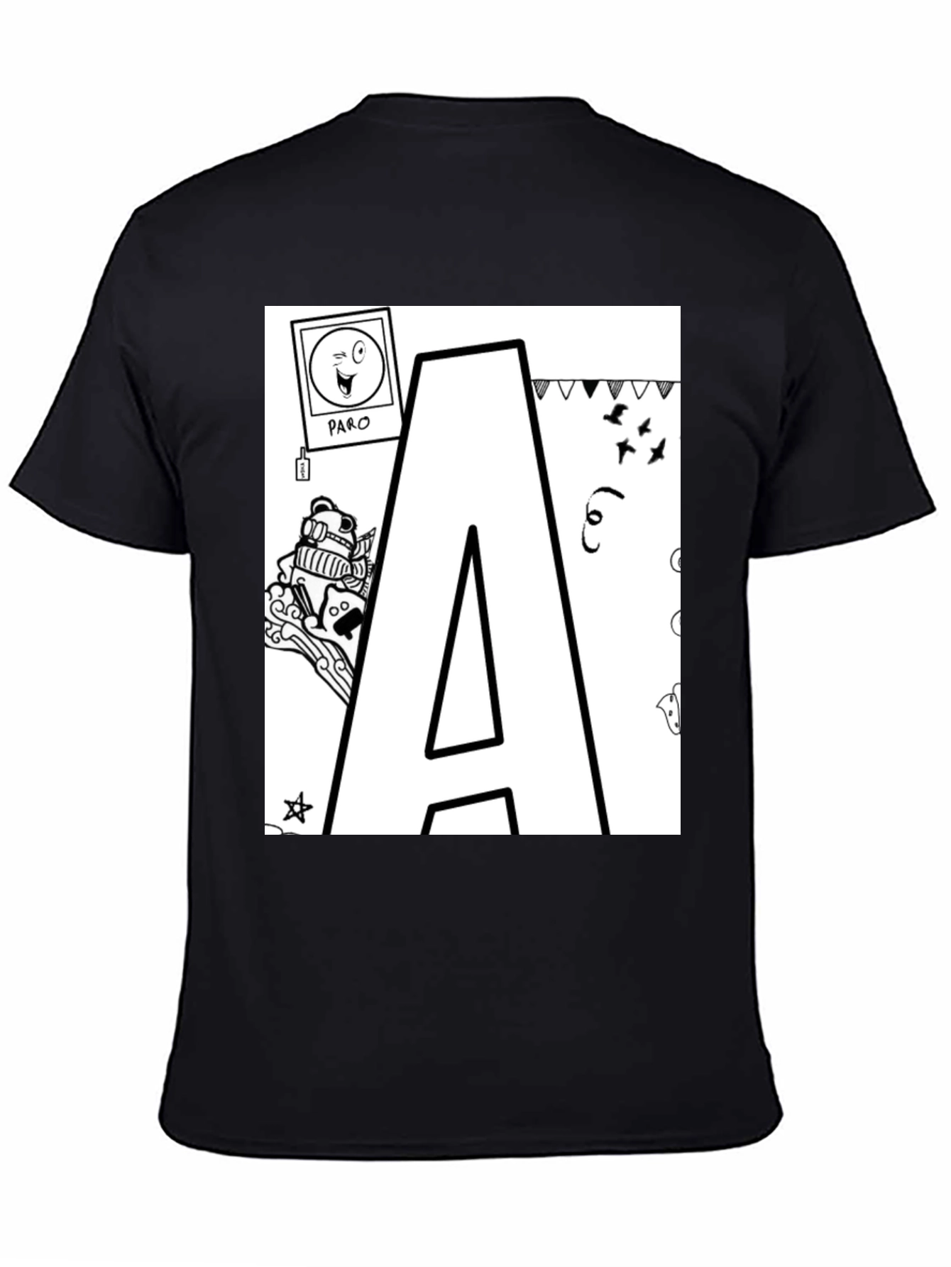 Letter A Doodle T-Shirt - Black Casual Tee