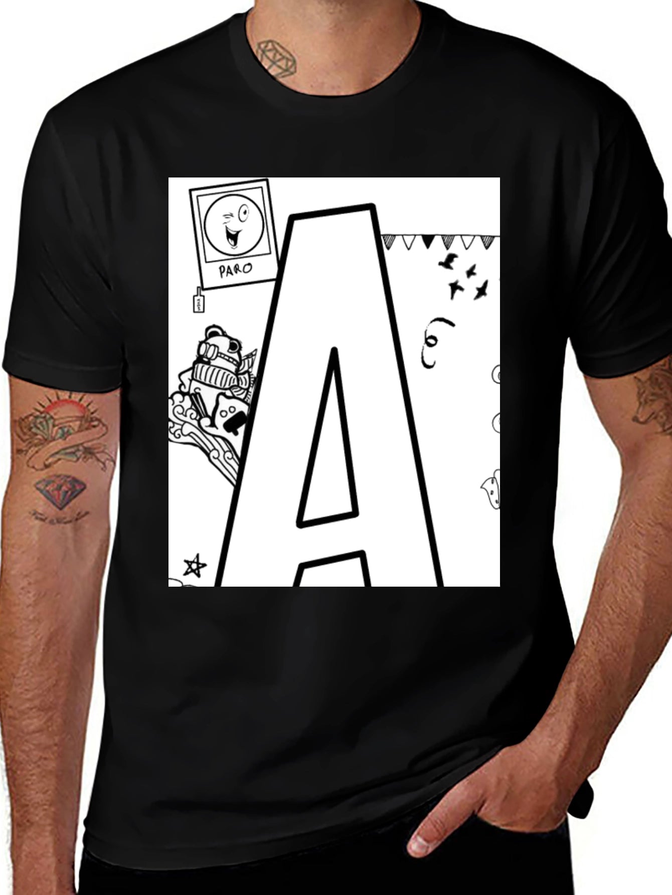 Letter A Doodle T-Shirt - Black Casual Tee