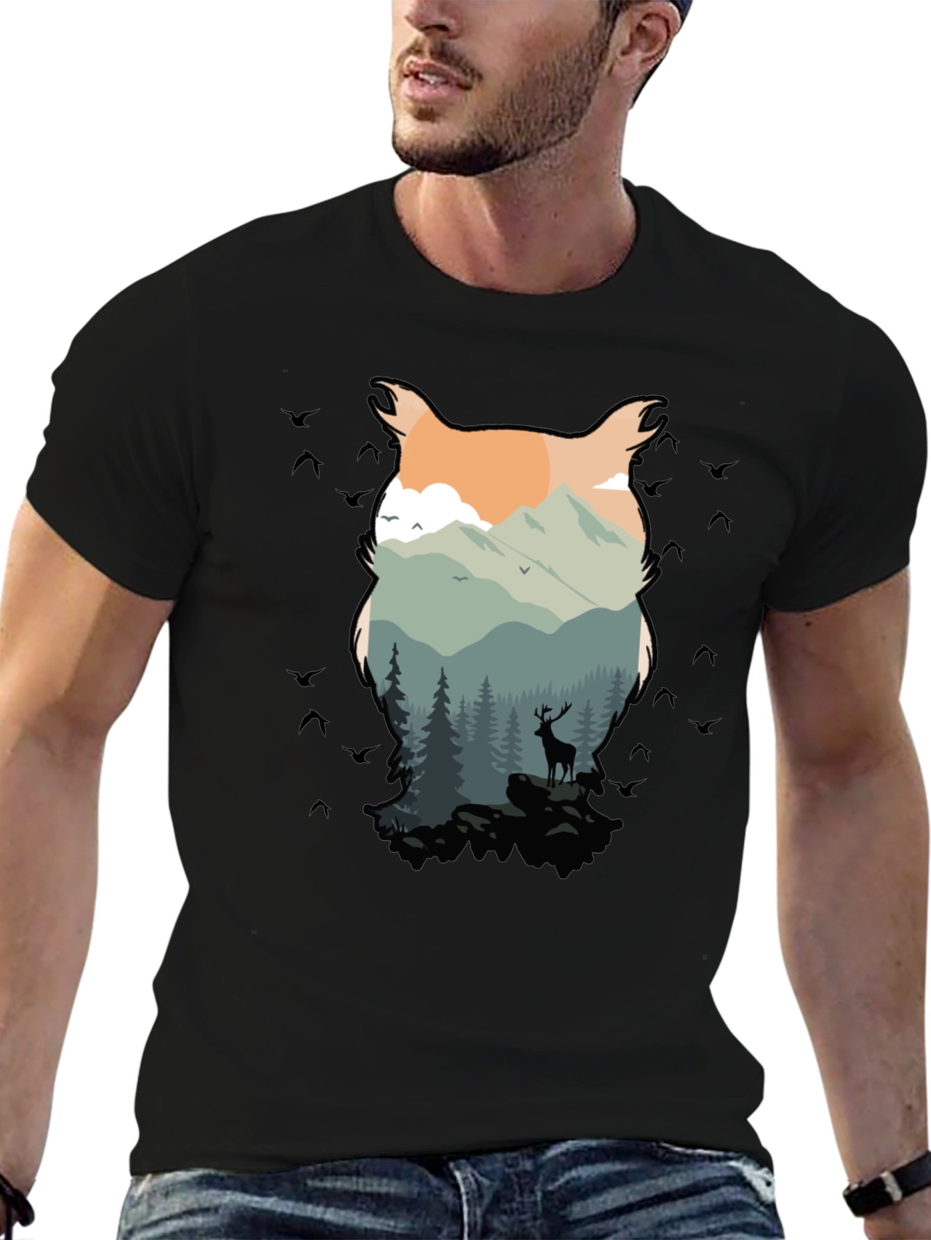 Nature Owl Graphic Black T-Shirt