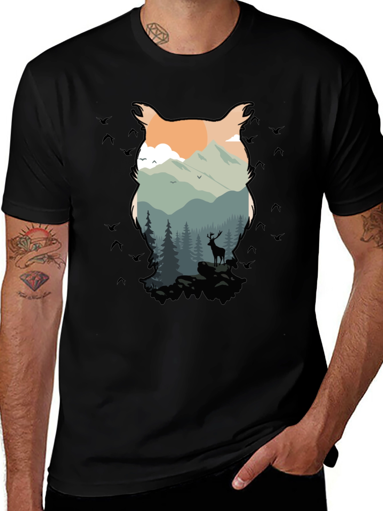 Nature Owl Graphic Black T-Shirt