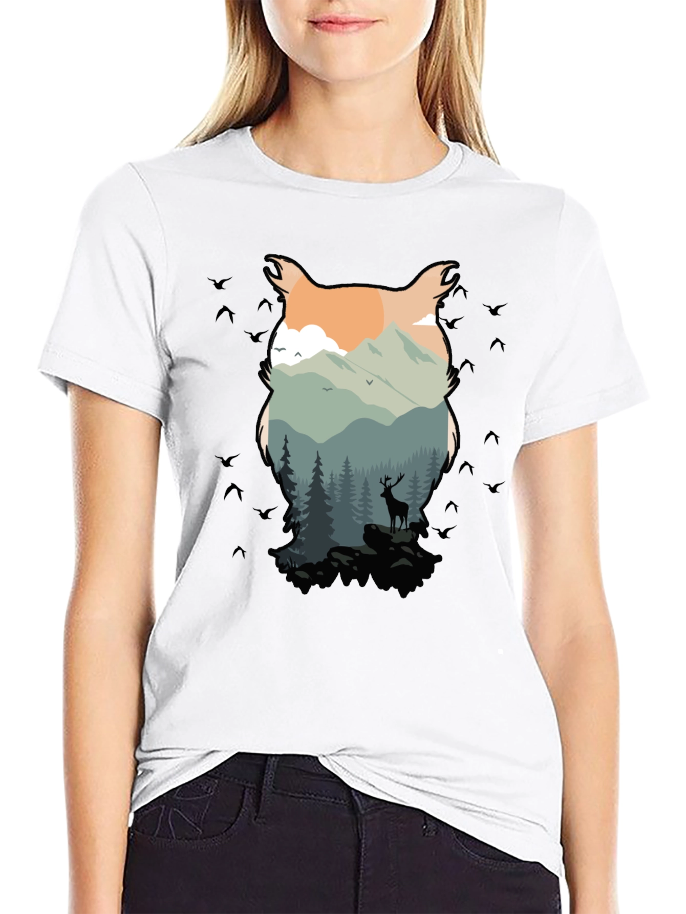 Nature Owl Graphic Black T-Shirt