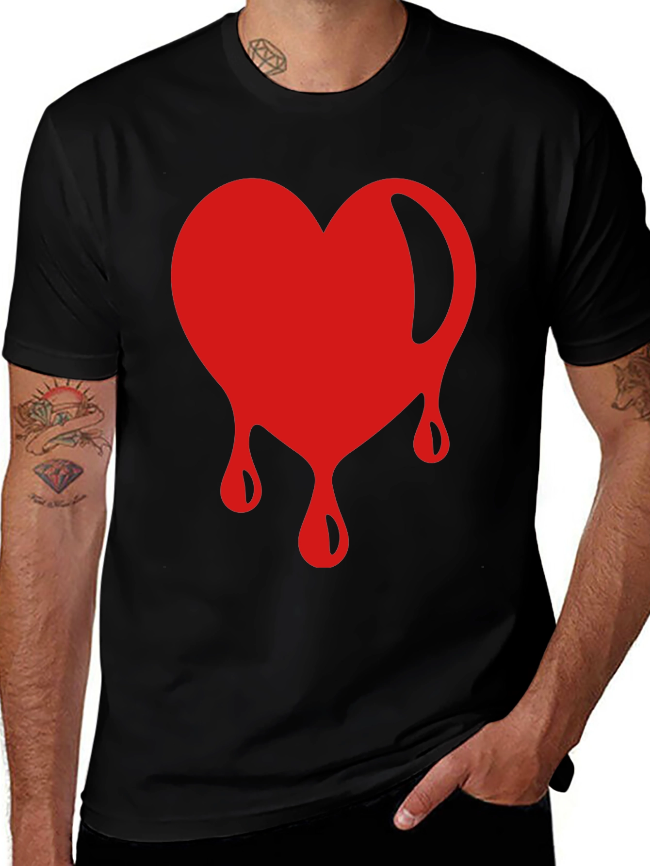 Red Dripping Heart Graphic Black T-Shirt
