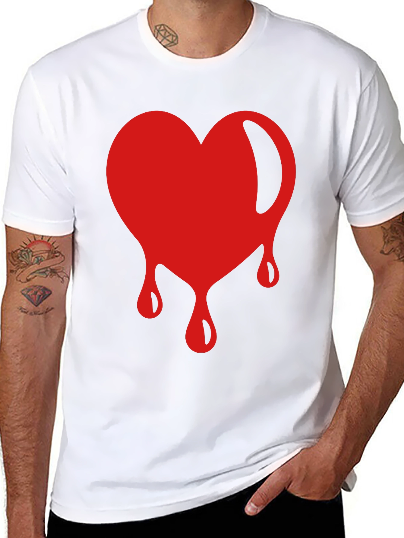 Red Dripping Heart Graphic Black T-Shirt