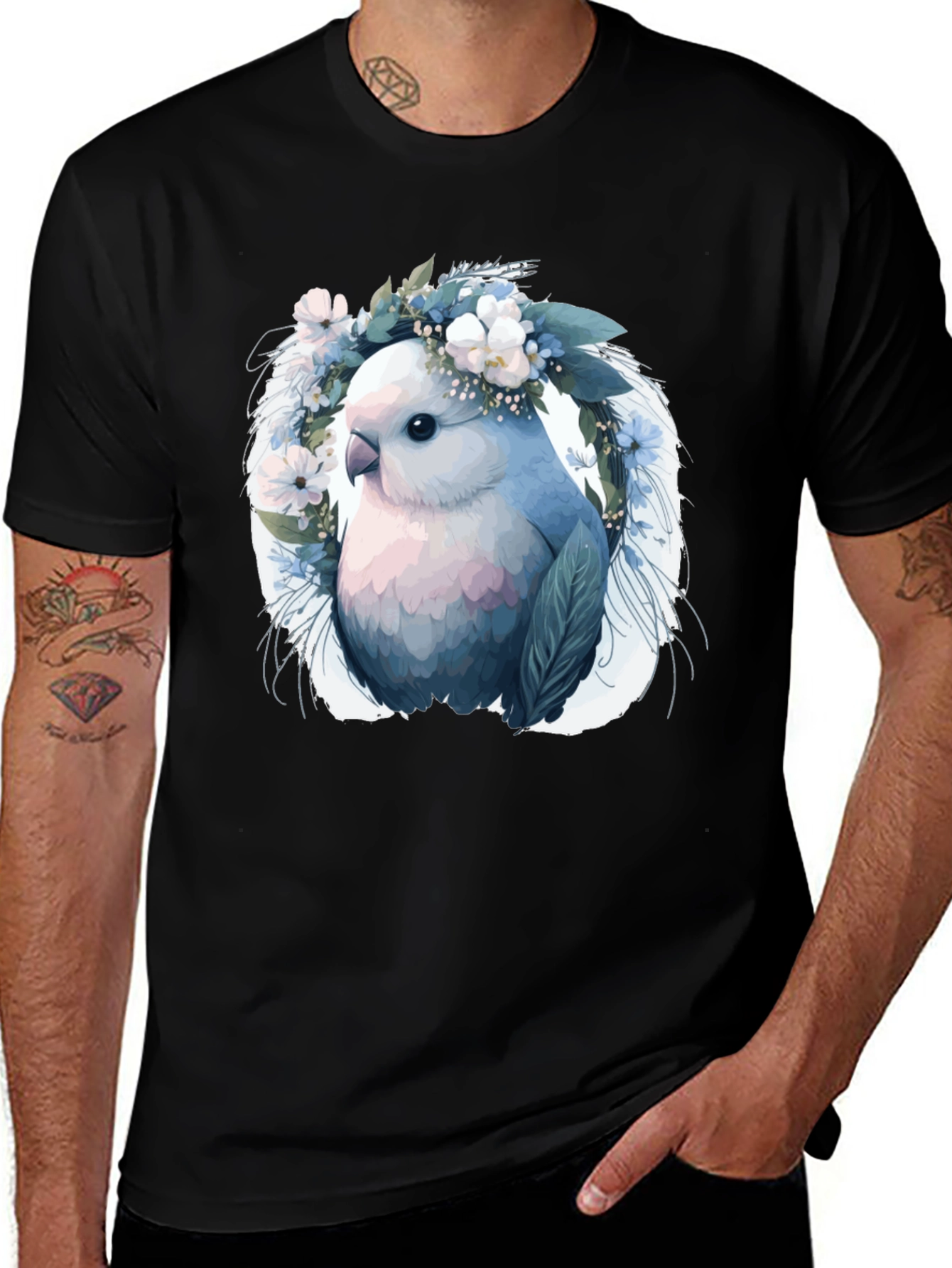 Bird & Floral Wreath Black T-Shirt