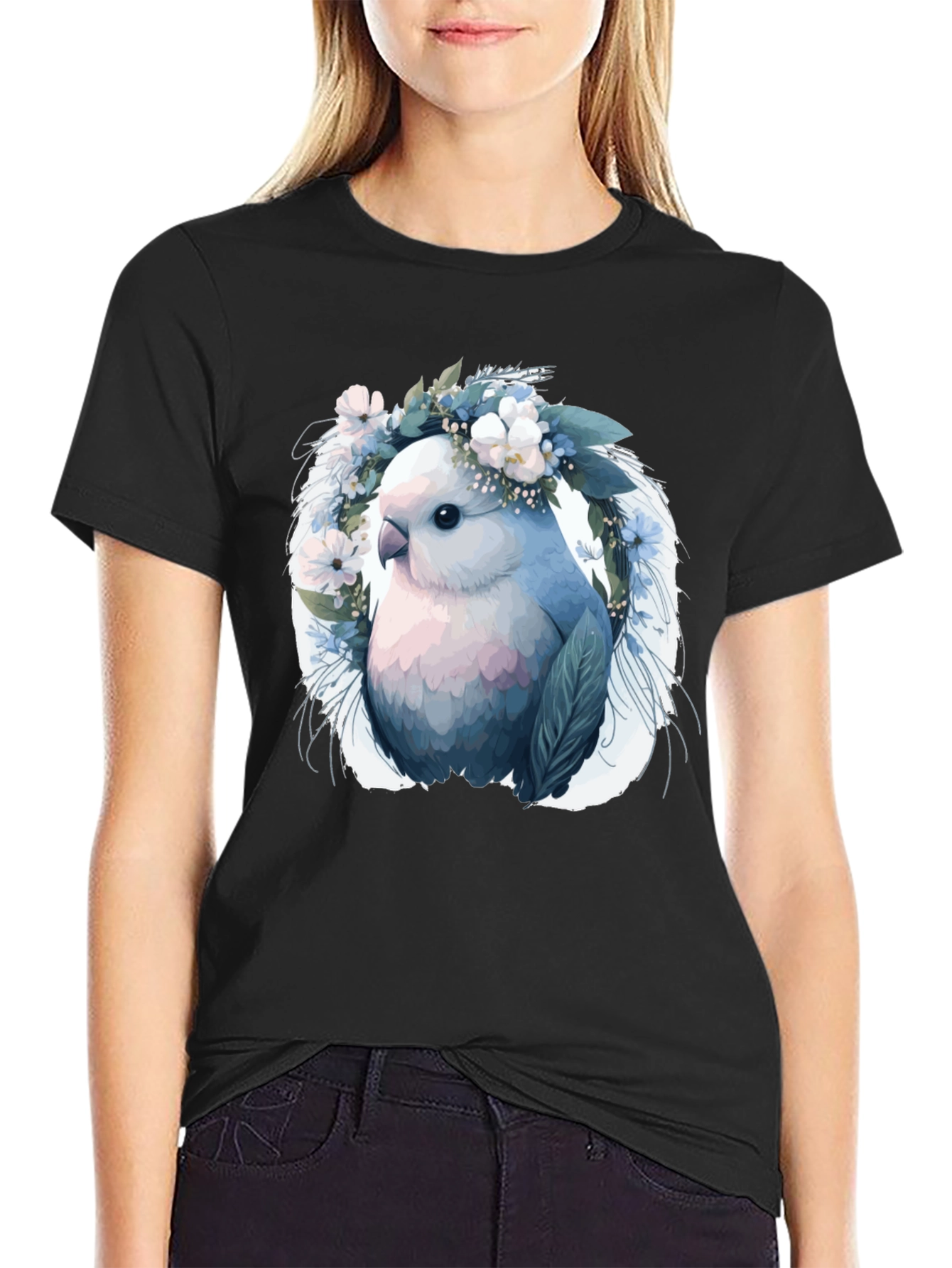 Bird & Floral Wreath Black T-Shirt