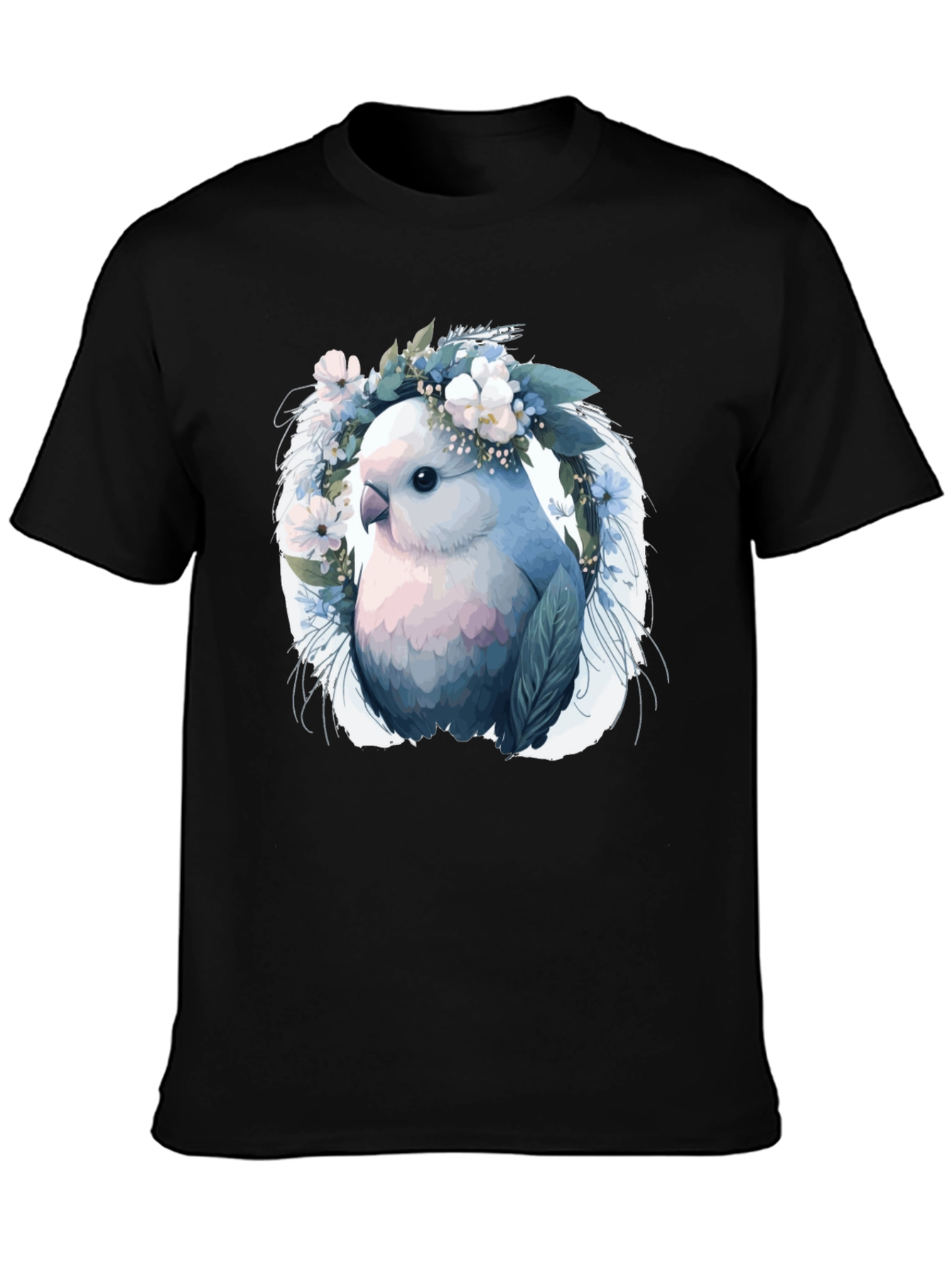 Bird & Floral Wreath Black T-Shirt
