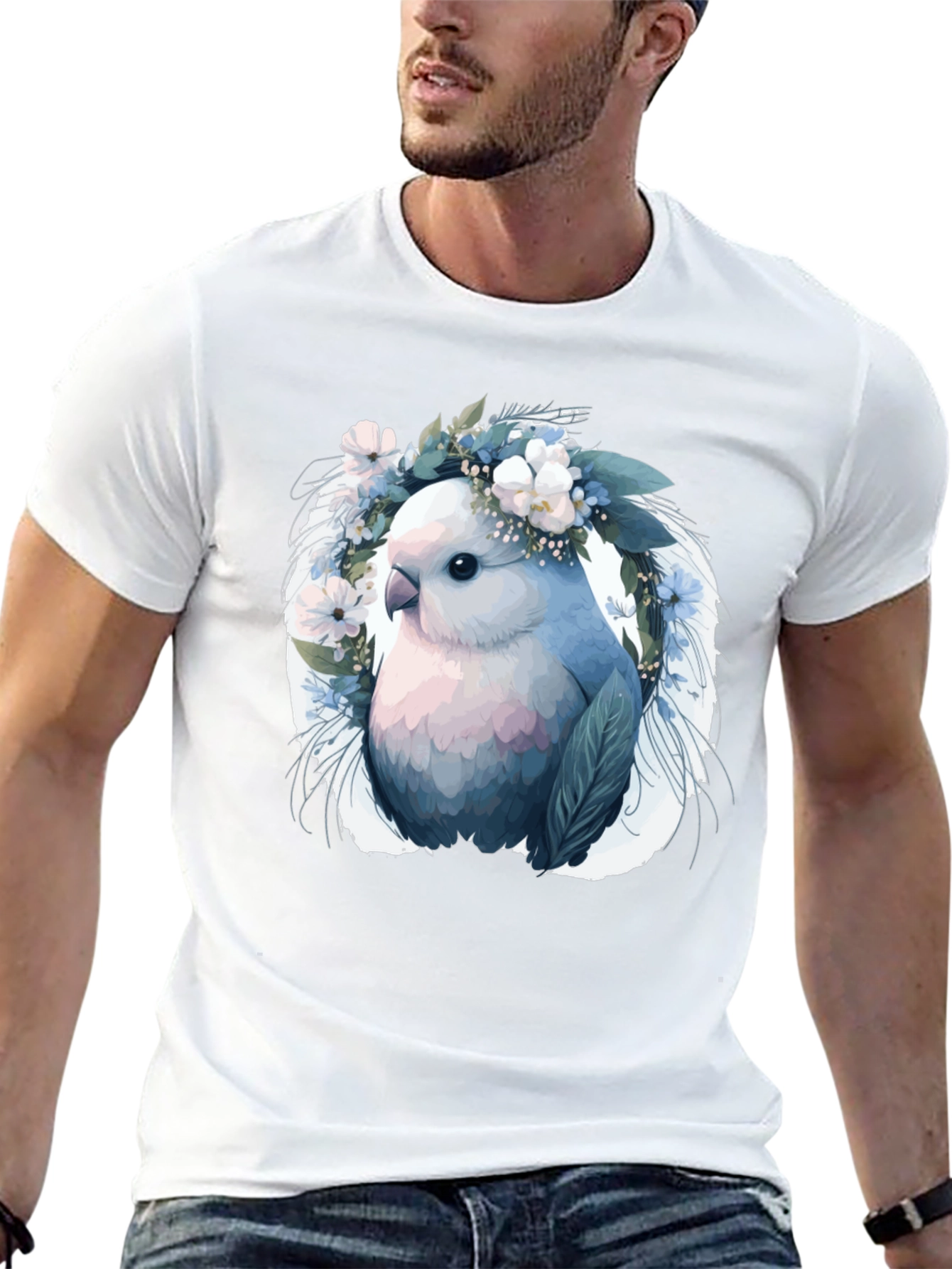 Bird & Floral Wreath Black T-Shirt
