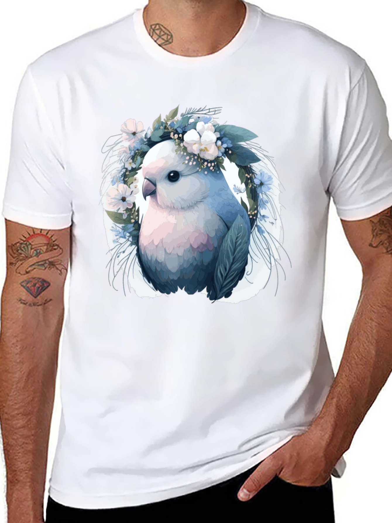 Bird & Floral Wreath Black T-Shirt
