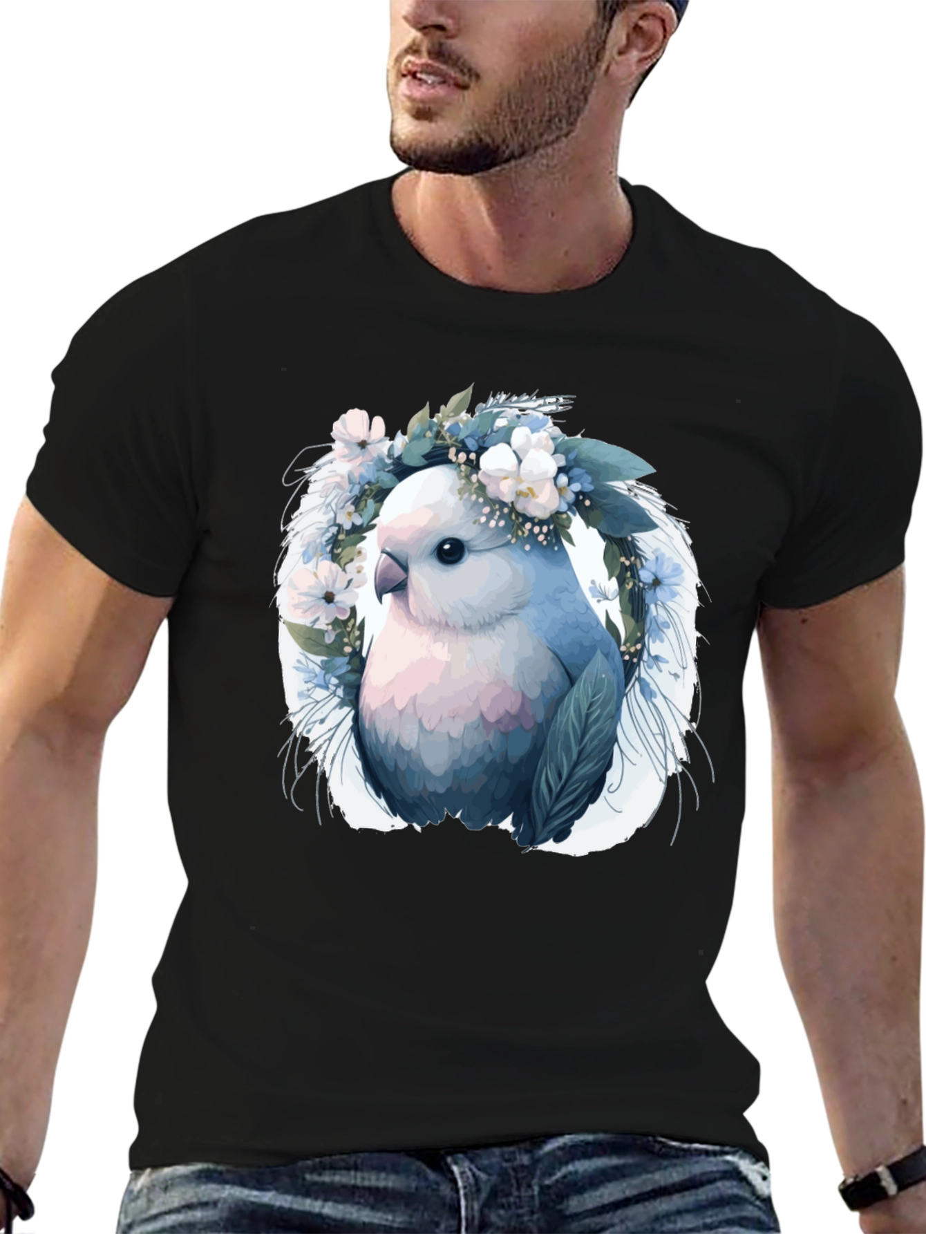 Bird & Floral Wreath Black T-Shirt