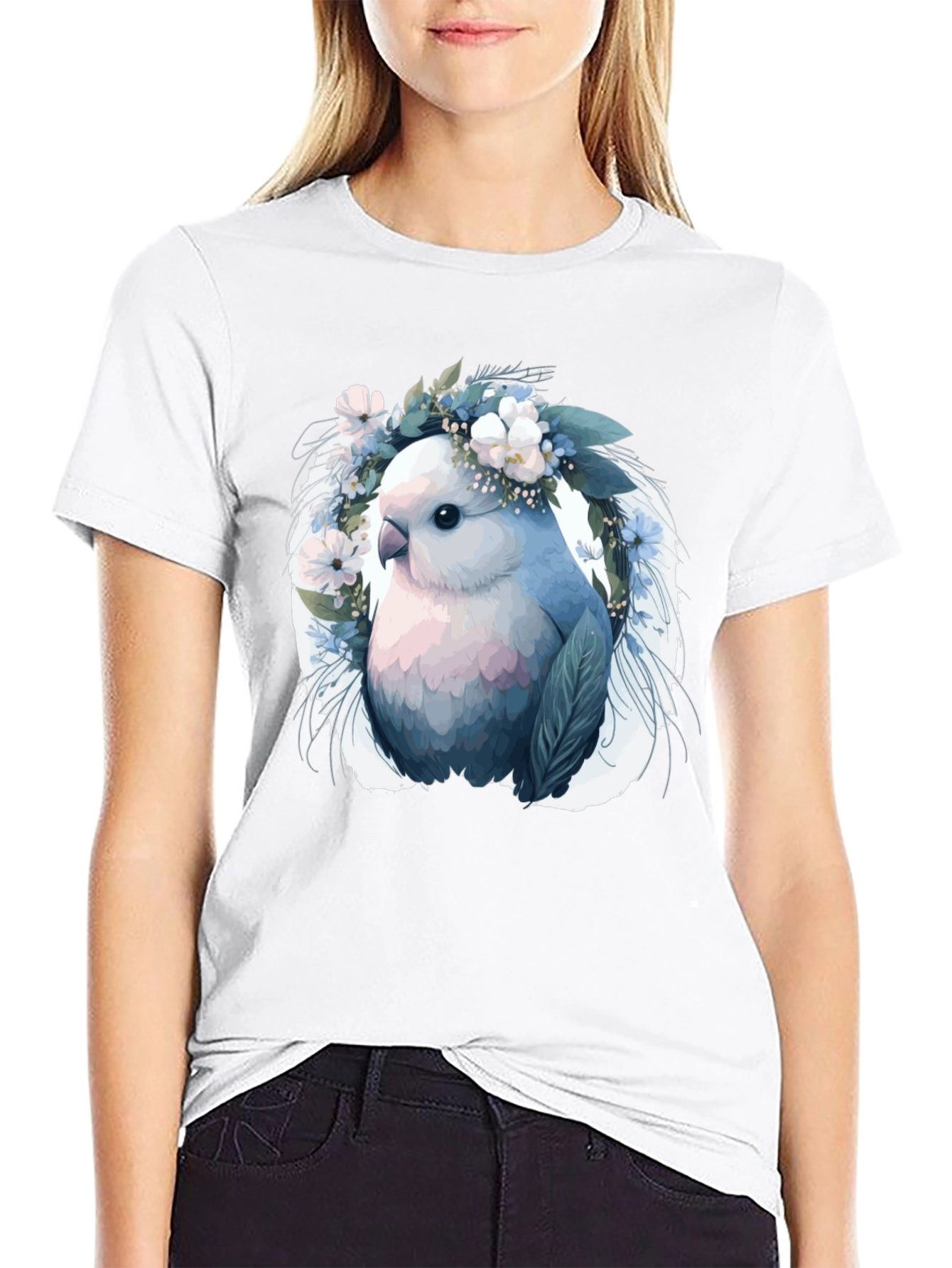 Bird & Floral Wreath Black T-Shirt