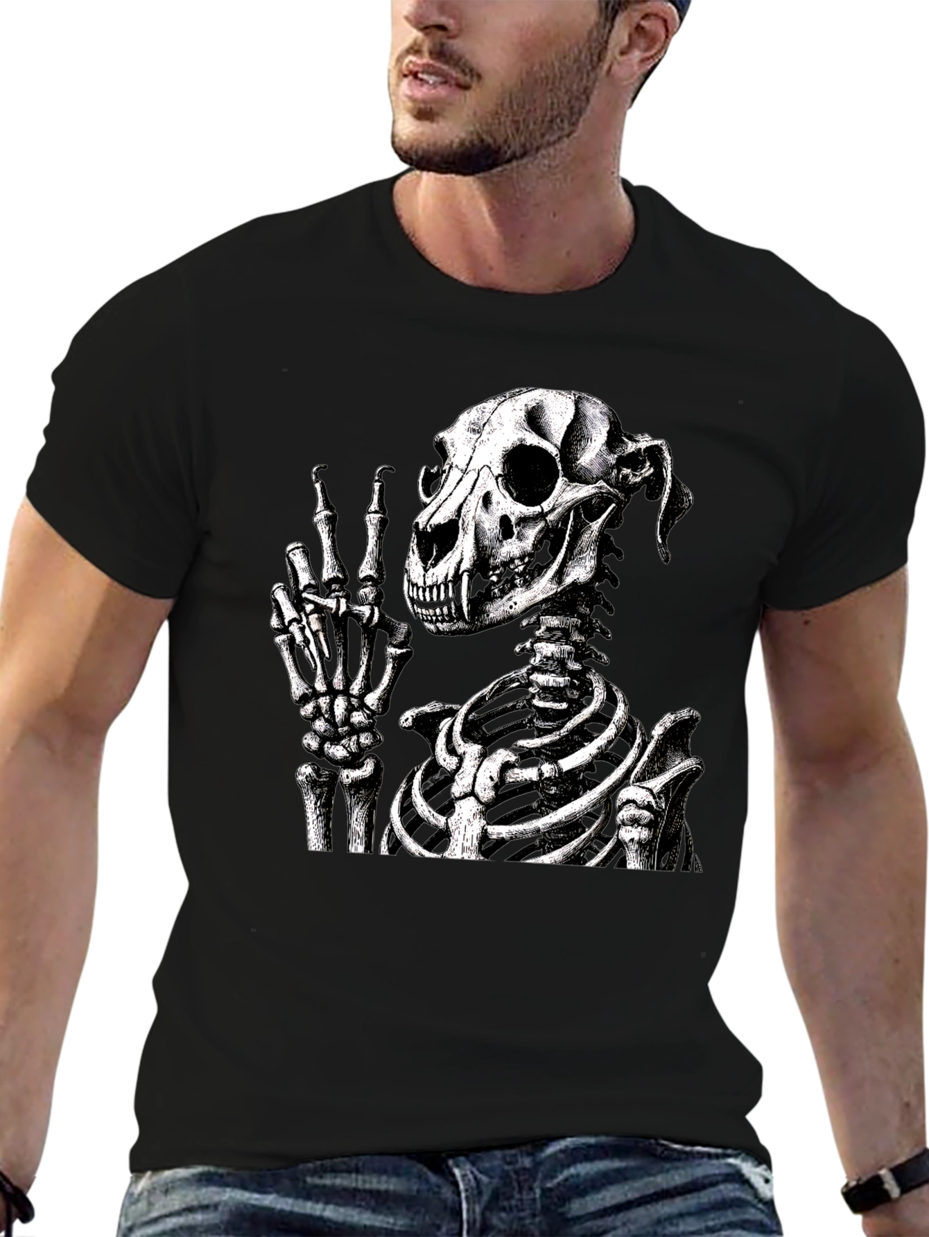 Skeleton Dog Peace Sign Black T-Shirt