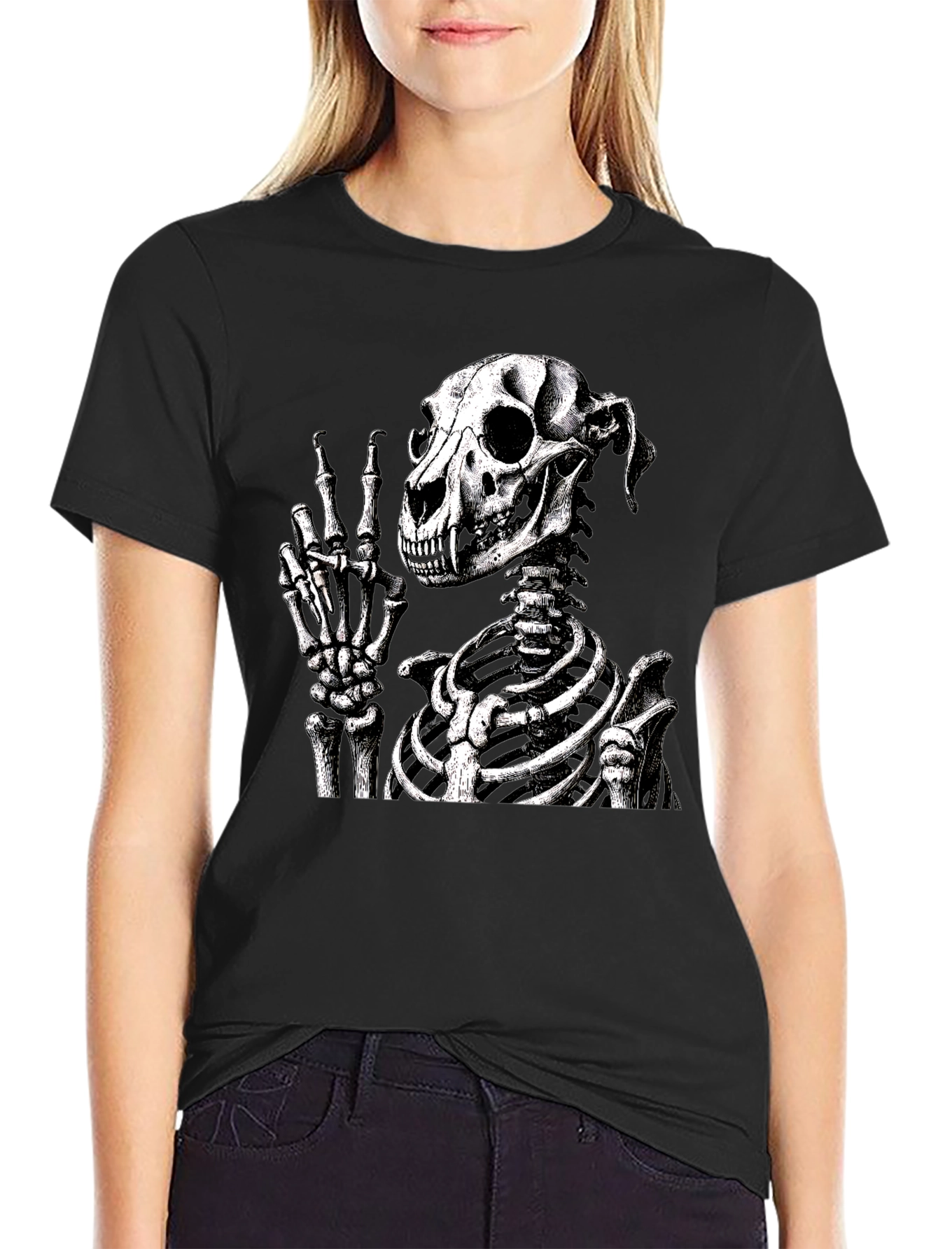 Skeleton Dog Peace Sign Black T-Shirt