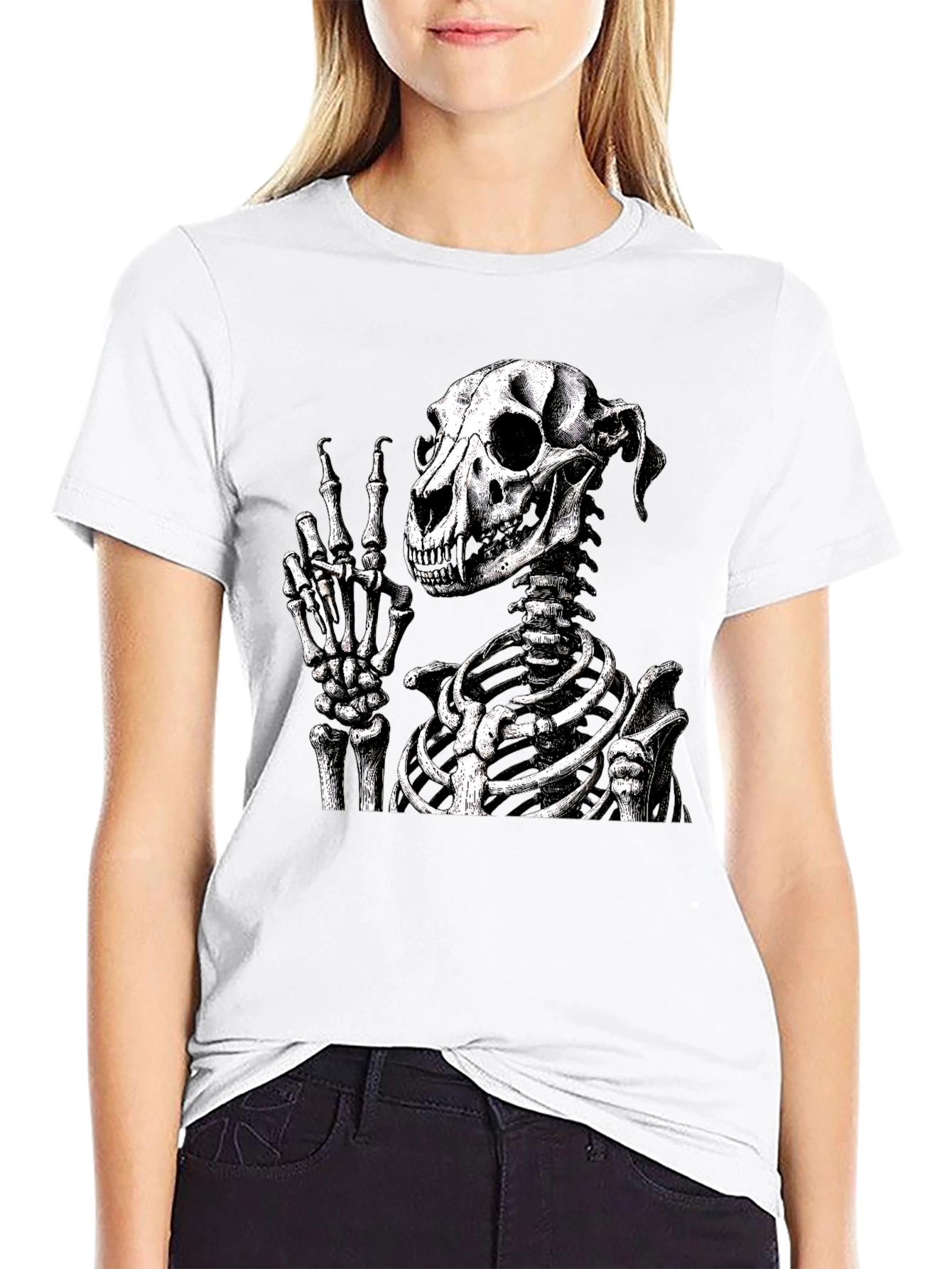 Skeleton Dog Peace Sign Black T-Shirt