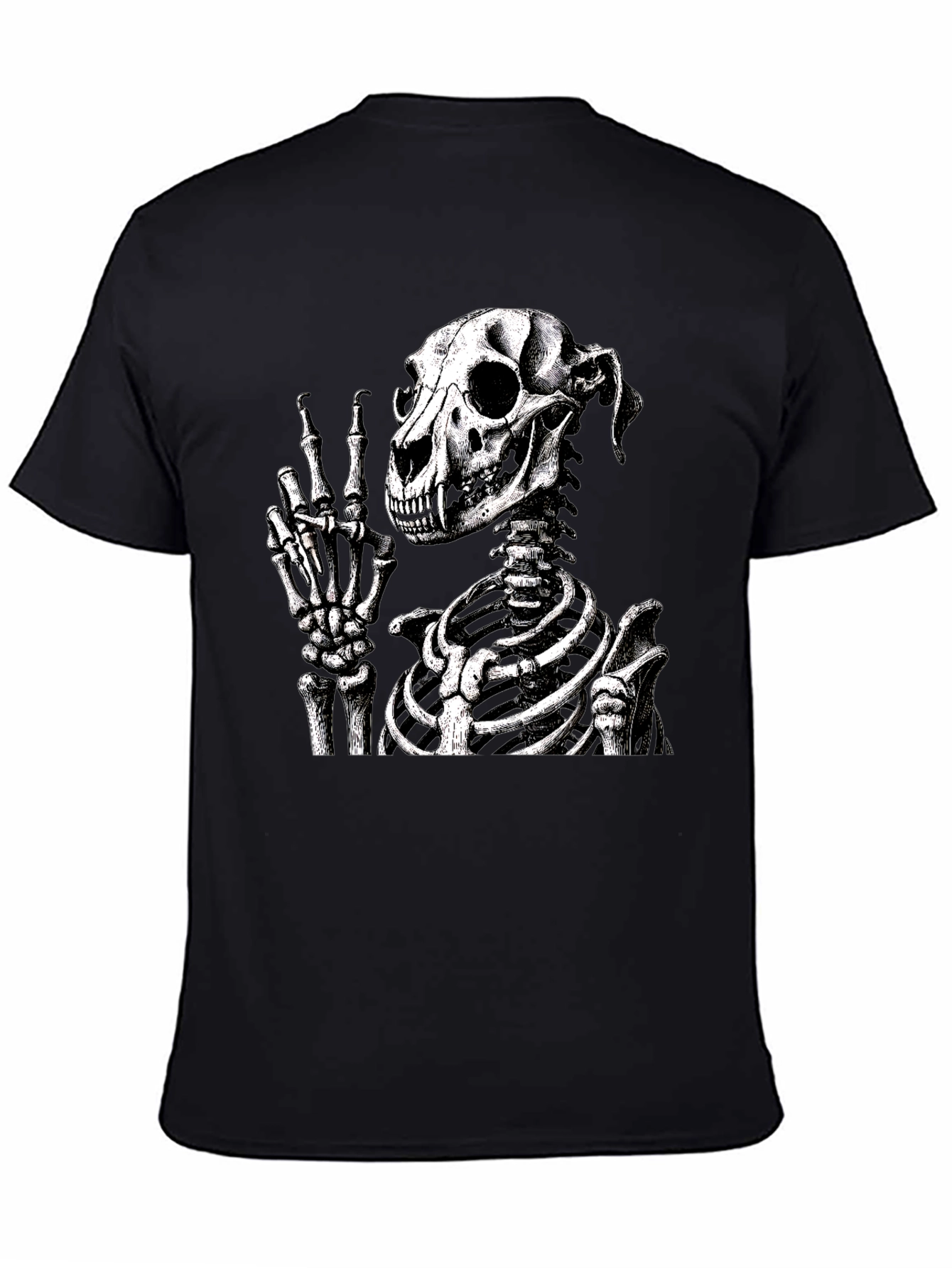 Skeleton Dog Peace Sign Black T-Shirt