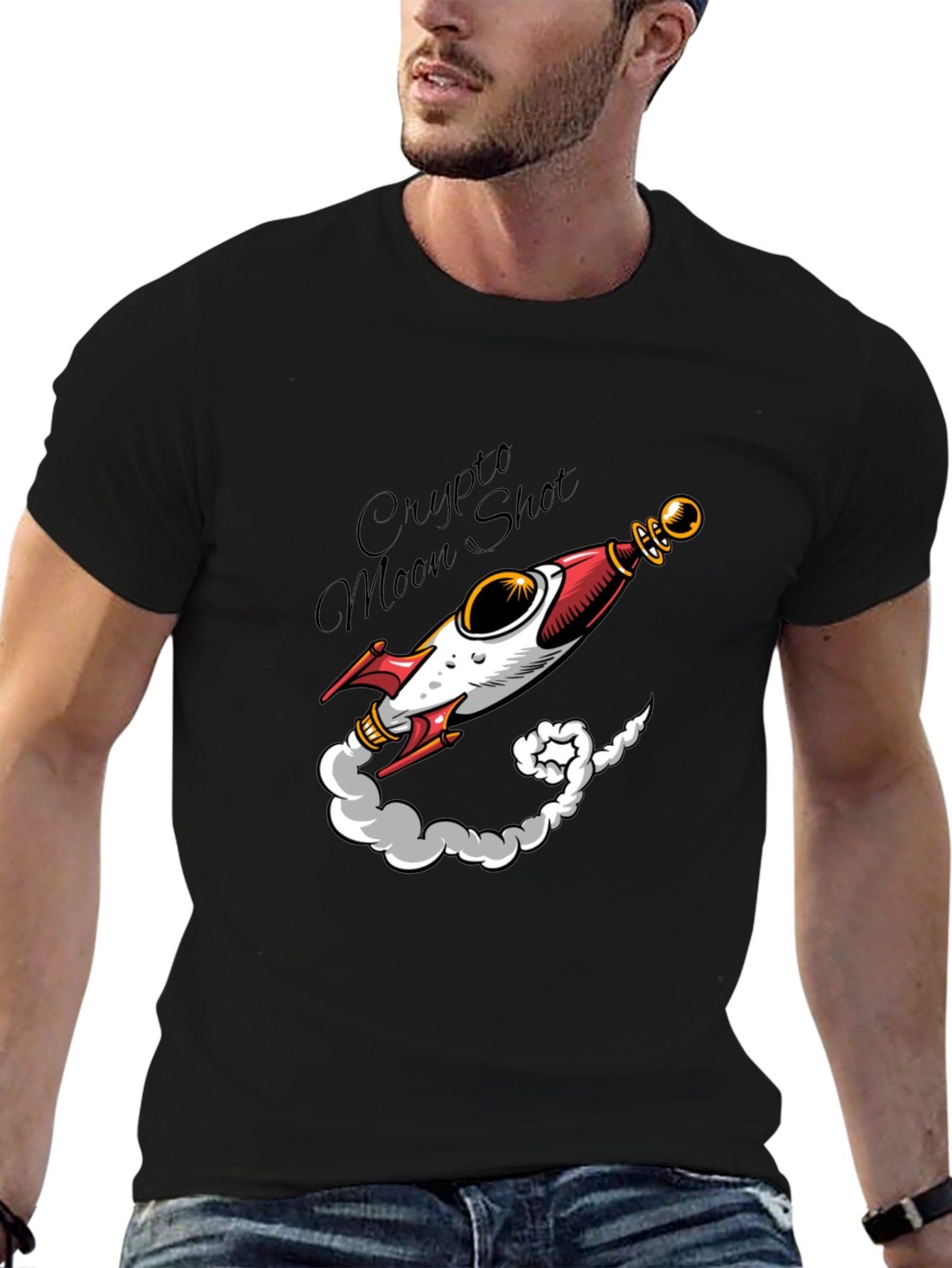 Crypto Moon Shot T-Shirt - Black Rocket Design