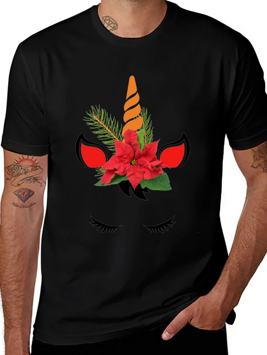 Festive Unicorn Graphic Tee - Black Cotton Blend