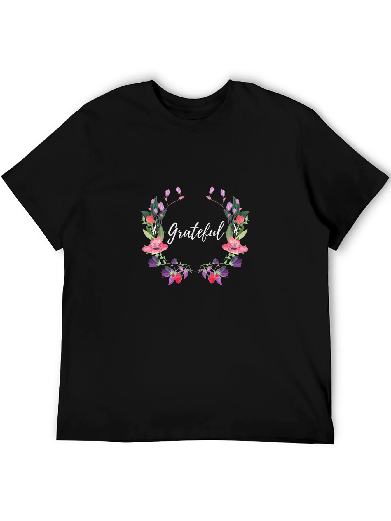 Grateful Floral Wreath Black T-Shirt