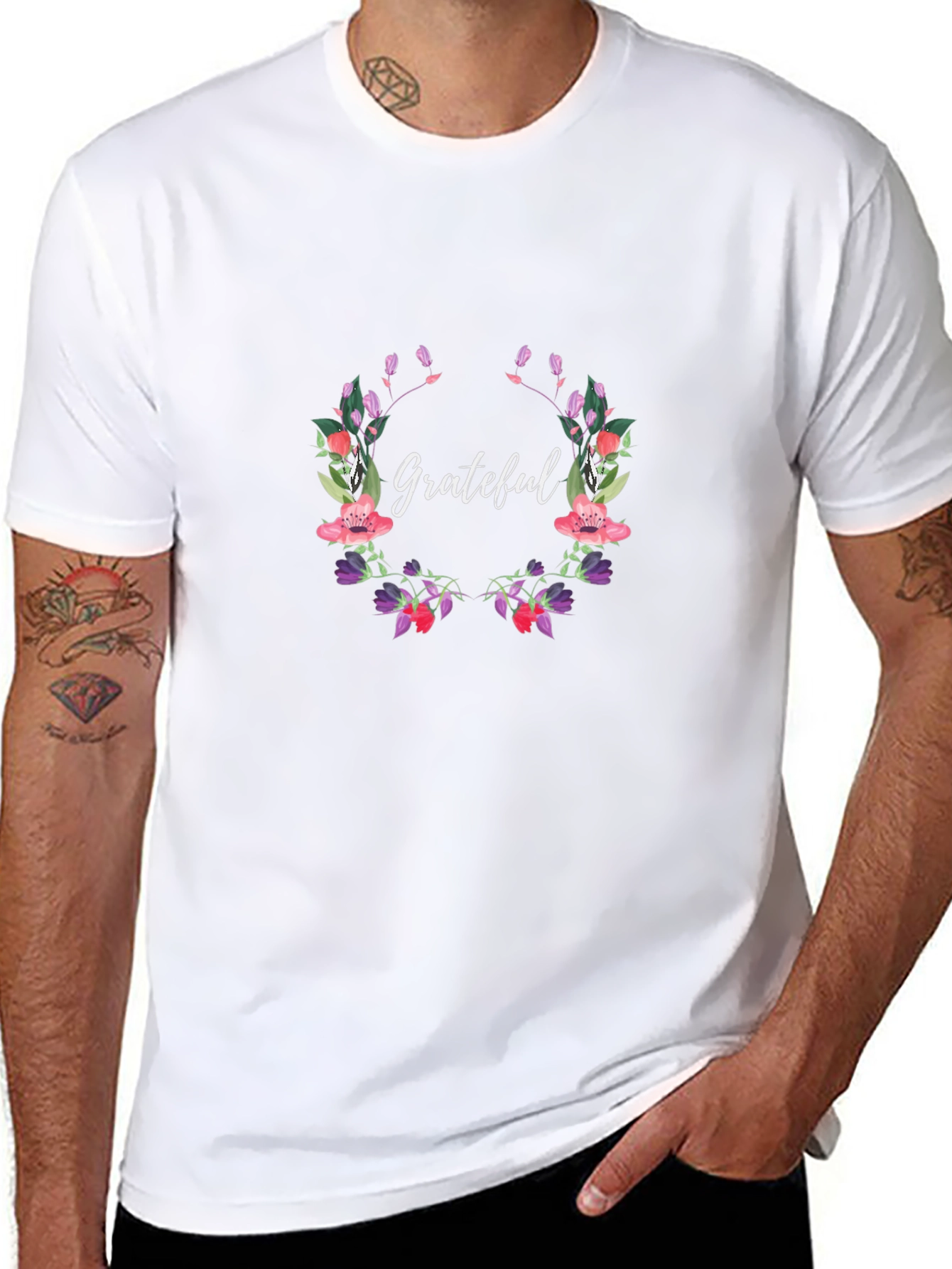 Grateful Floral Wreath Black T-Shirt