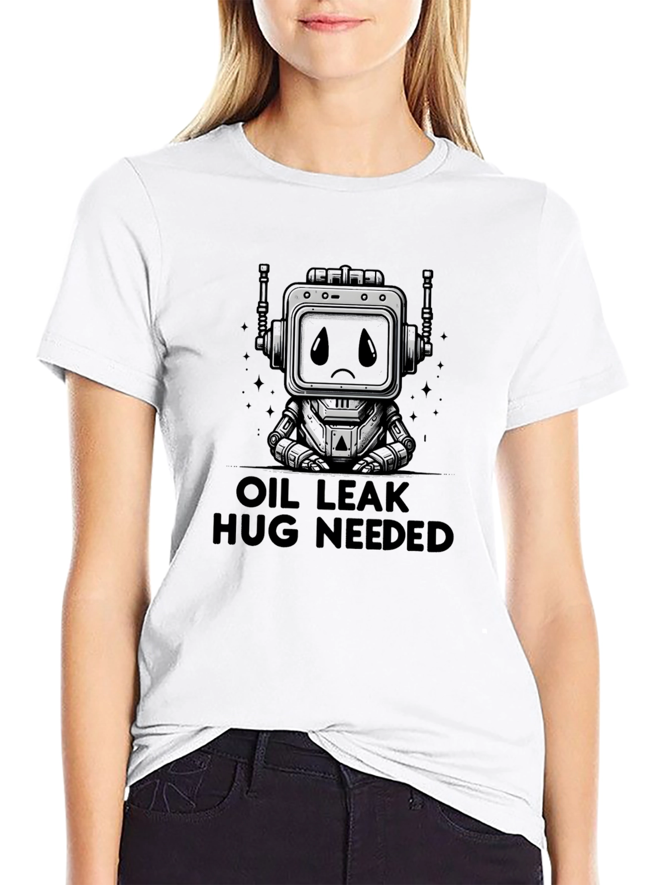 Oil Leak Hug Needed Robot Graphic T-Shirt