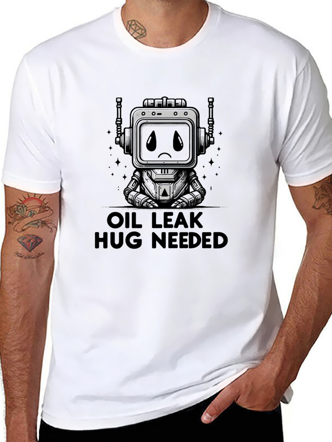 Oil Leak Hug Needed Robot Graphic T-Shirt
