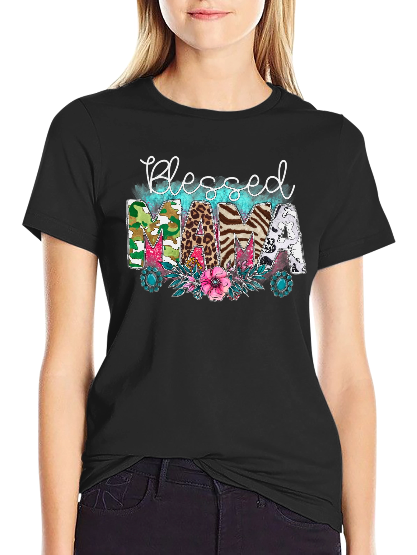 Blessed Mama Graphic Tee - Cute Animal Print